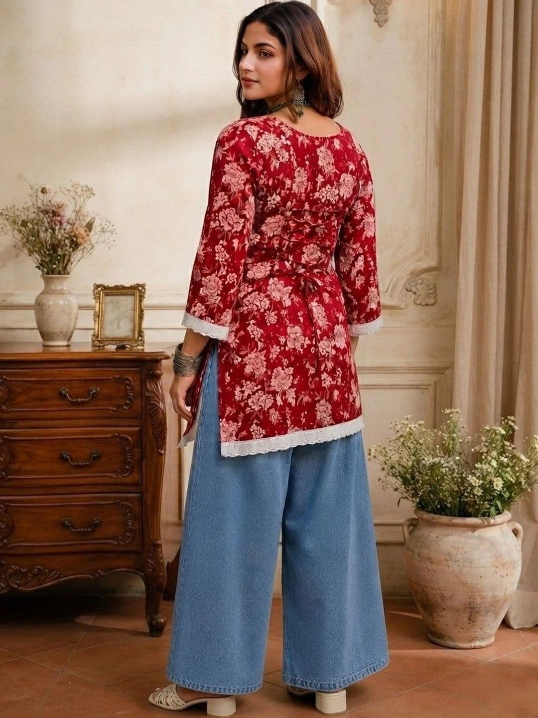 Sangria Floral Printed Square Neck Flared Sleeves Pure Cotton Kurti thumbnail 2