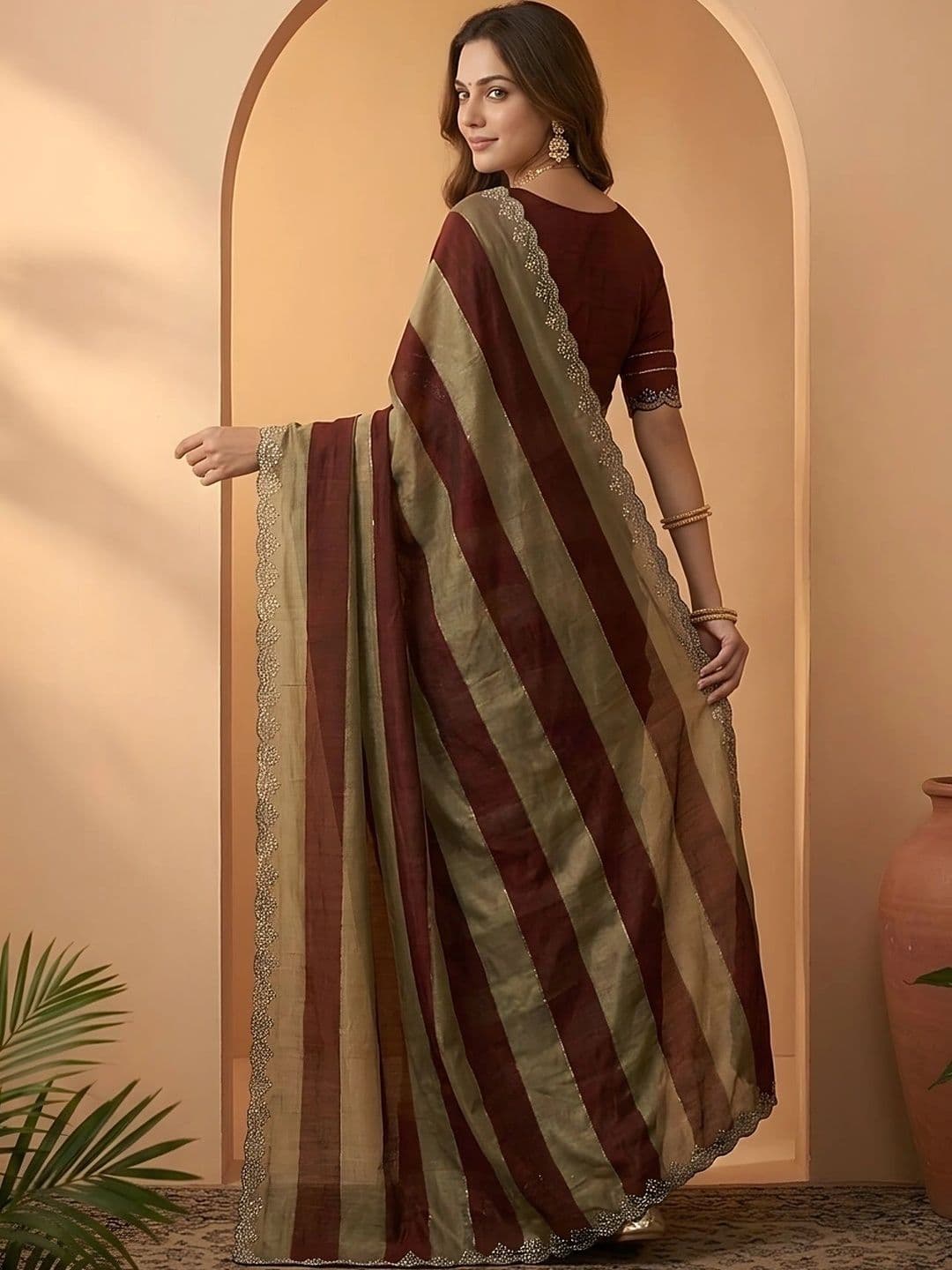 Mitera Striped Beads and Stones Silk Blend Fusion Saree thumbnail 2