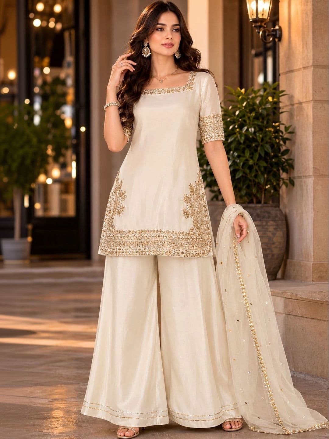 Sangria Women Ethnic Motifs Embroidered Regular Kurta with Palazzos & With Dupatta - view 1