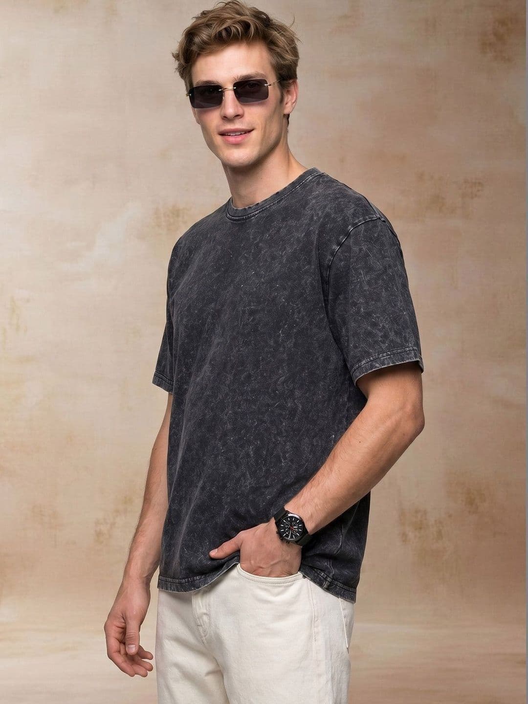 VEIRDO Men Black Acid Wash Printed Drop-Shoulder Sleeves Pure Cotton Oversize T-shirt thumbnail 2