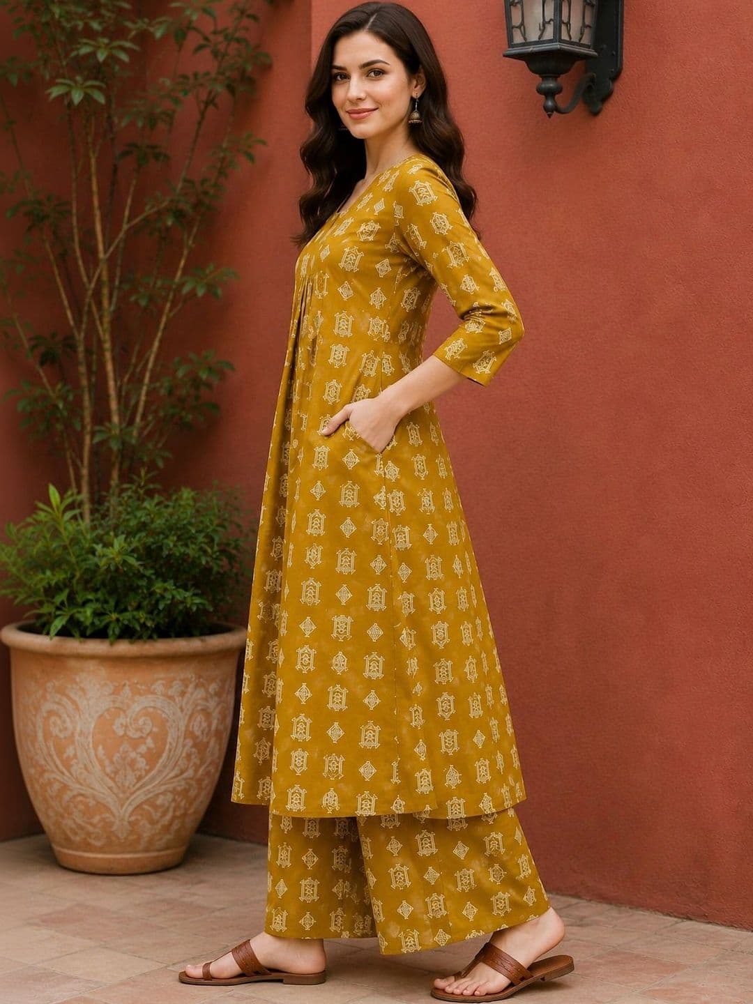 EVANORA Women Ethnic Motifs Printed Empire Kurta with Palazzos thumbnail 4