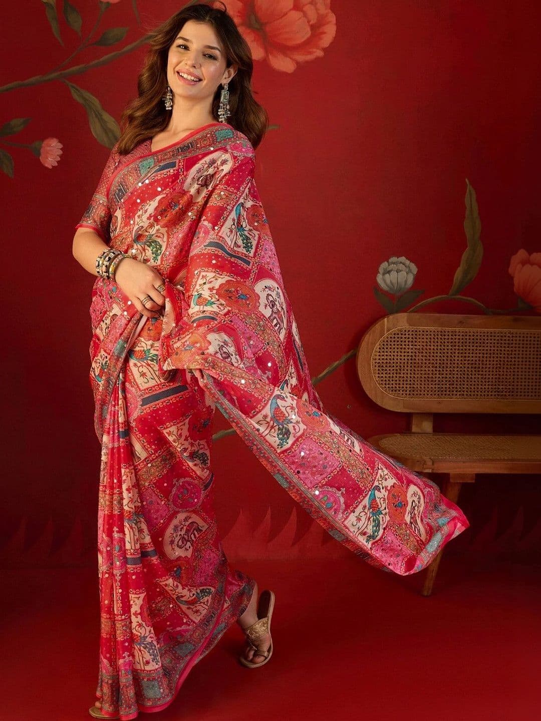 Sangria Mirror Work Pure Georgette Saree thumbnail 3
