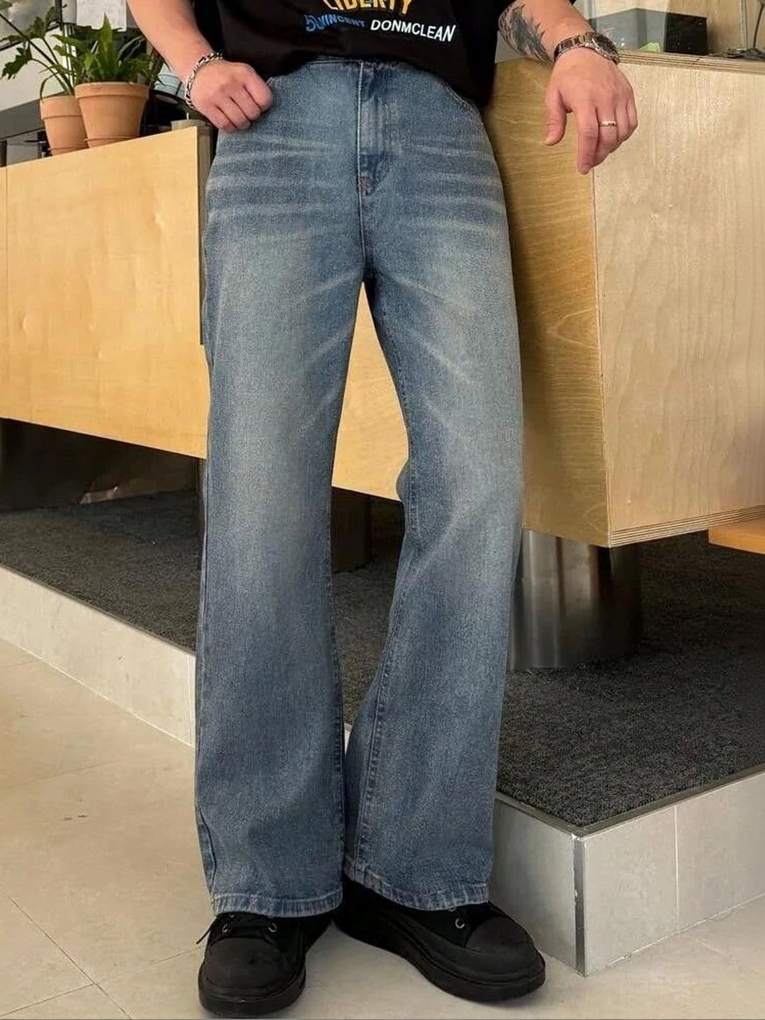 Stylecast X Kotty Men Wide Leg Mid-Rise Low Distress Stretchable Jeans - view 1