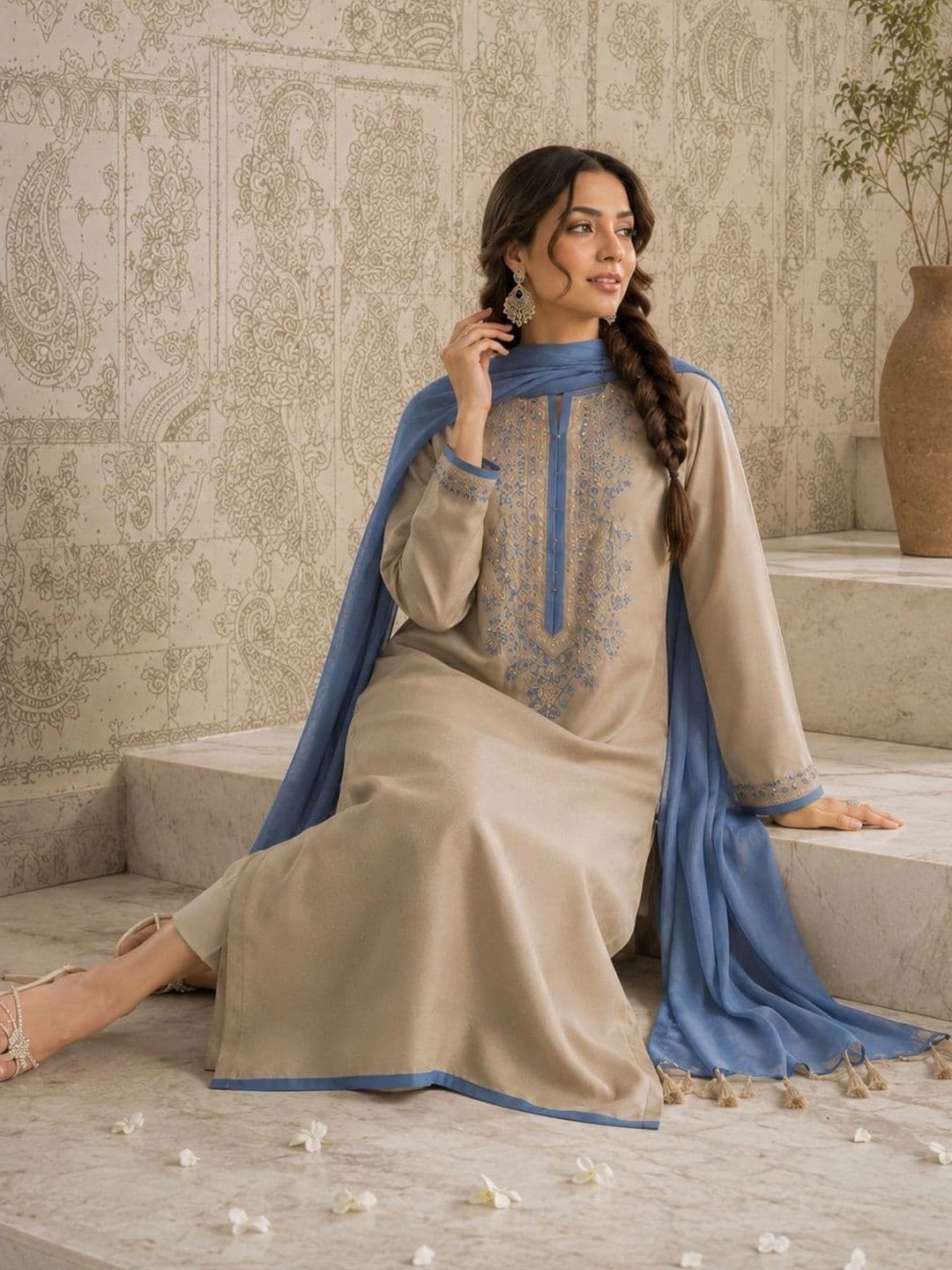 Sangria Women Ethnic Motifs Embroidered Chanderi Silk Kurta with Trousers & Dupatta thumbnail 3