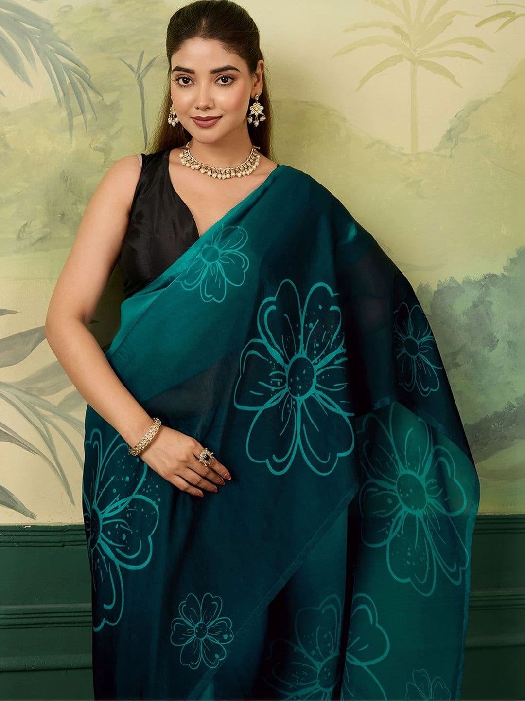 Anouk Floral Satin Designer Saree thumbnail 7
