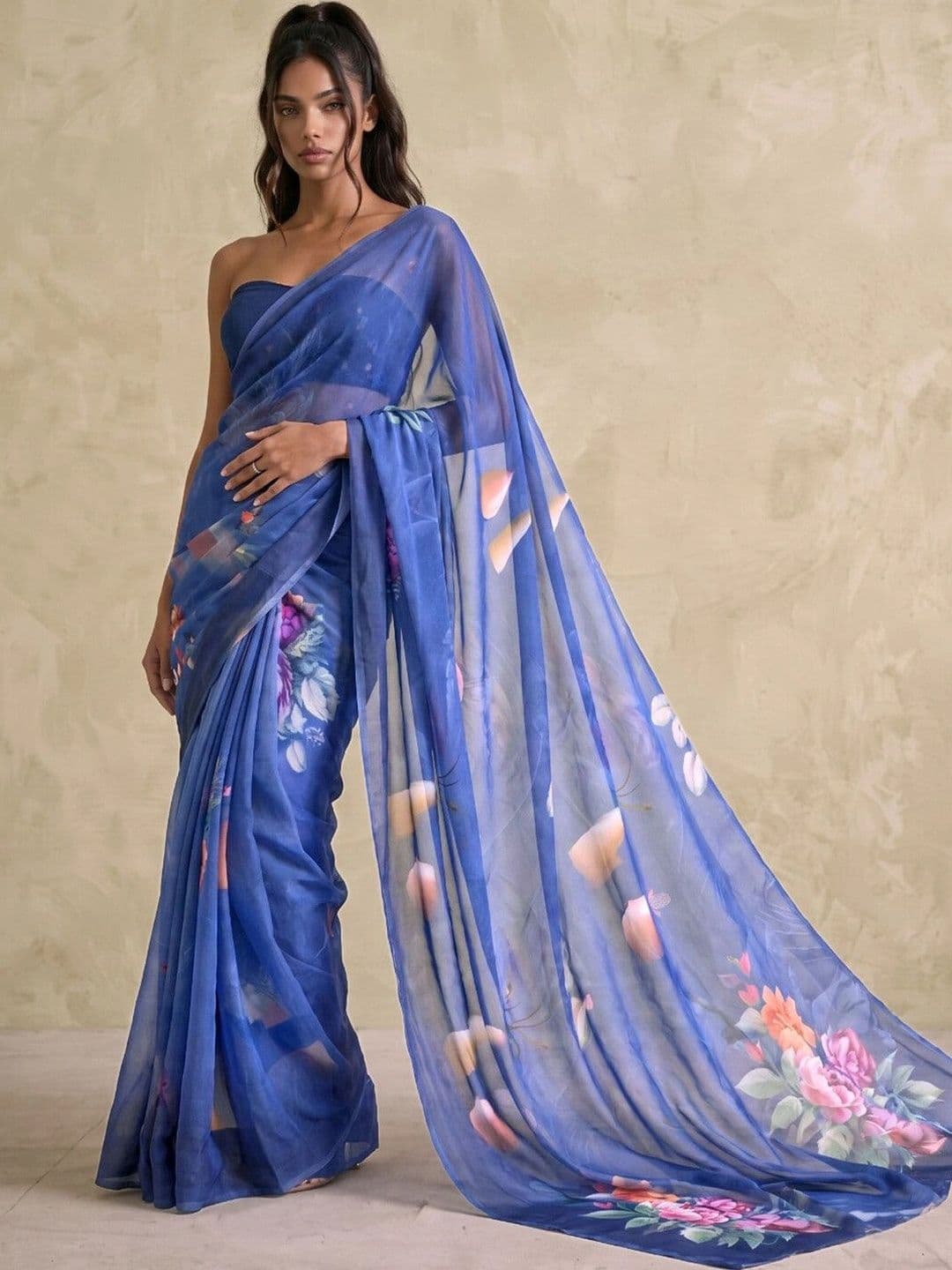 SAARA Floral Pure Georgette Saree thumbnail 2
