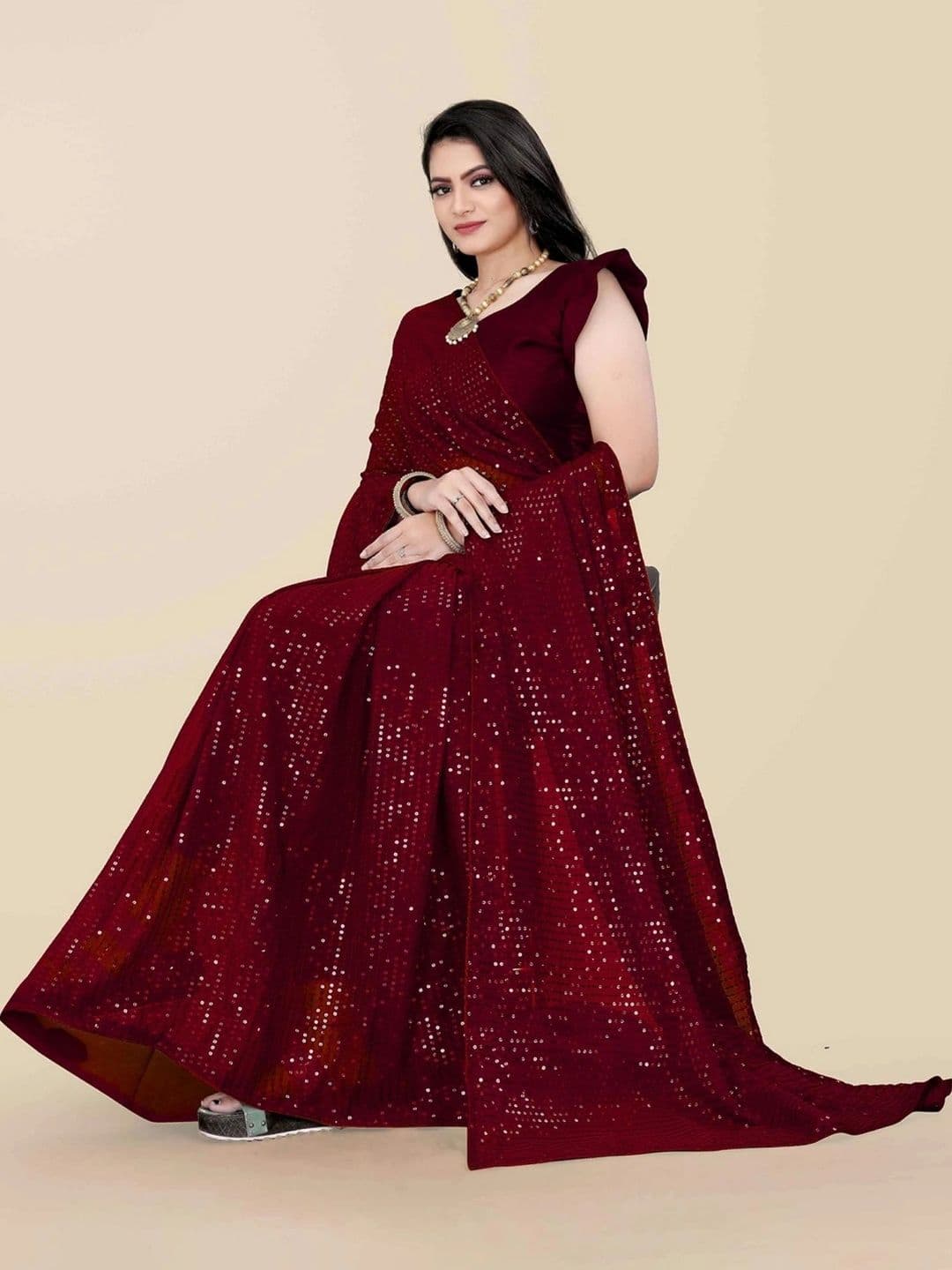 FashionsEye Embellished Sequinned Poly Georgette Designer Saree thumbnail 6