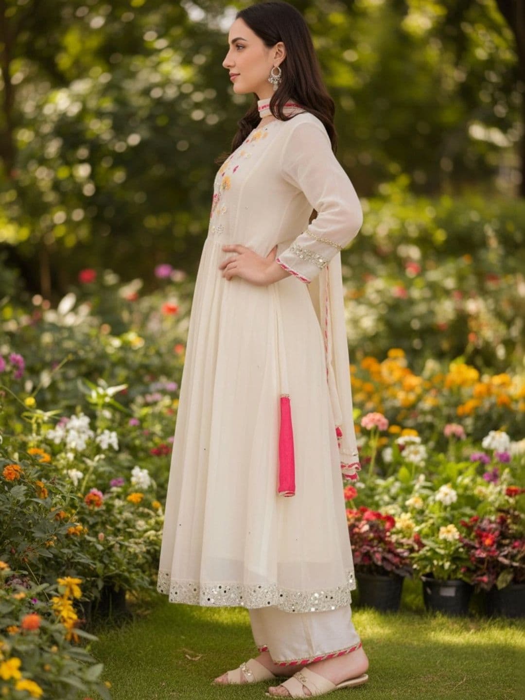 HERE&NOW Women Floral Embroidered Empire Mirror Work Kurta with Palazzos & With Dupatta thumbnail 6