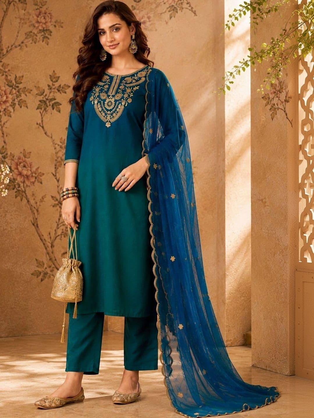 Sangria Women Ethnic Motifs Embroidered Regular Kurta with Trousers & With Dupatta thumbnail 2
