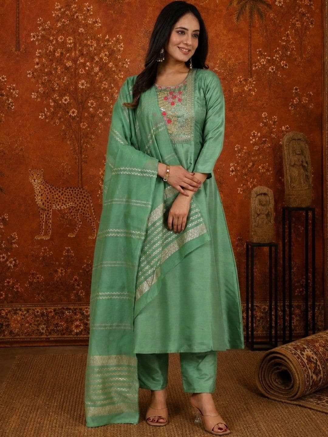 Sangria Women Floral Embroidered Empire Sequinned Kurta with Trousers & With Dupatta - view 1