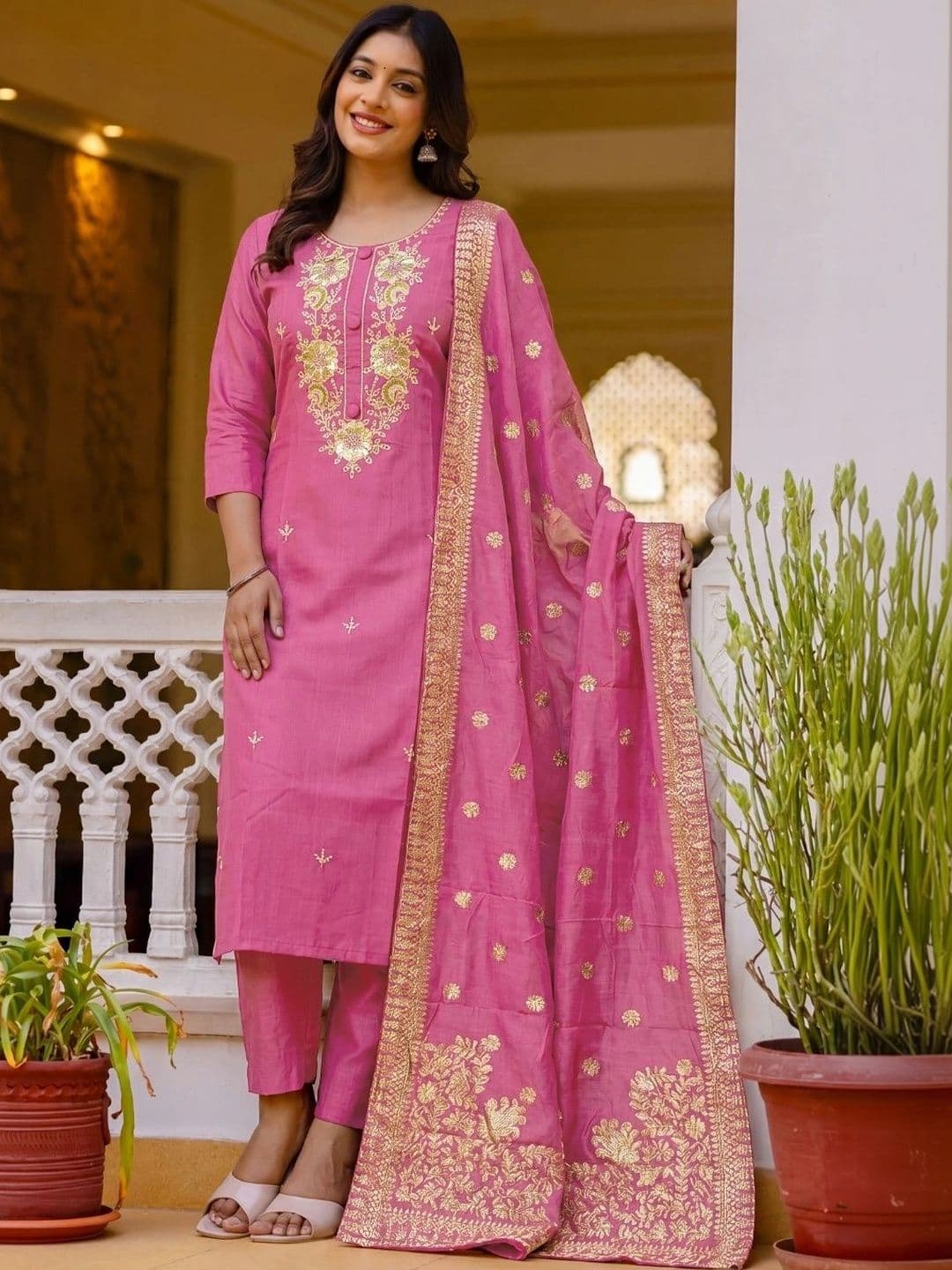 ANKHIR ERA Women Ethnic Motifs Embroidered Regular Kurta with Trousers & With Dupatta thumbnail 5