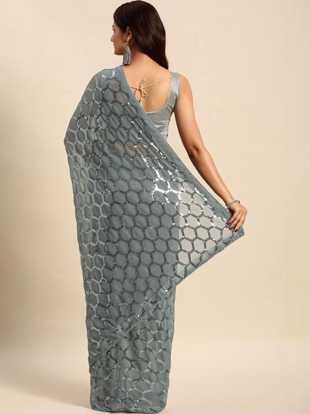 FashionsEye Embellished Sequinned Poly Georgette Designer Saree thumbnail 3