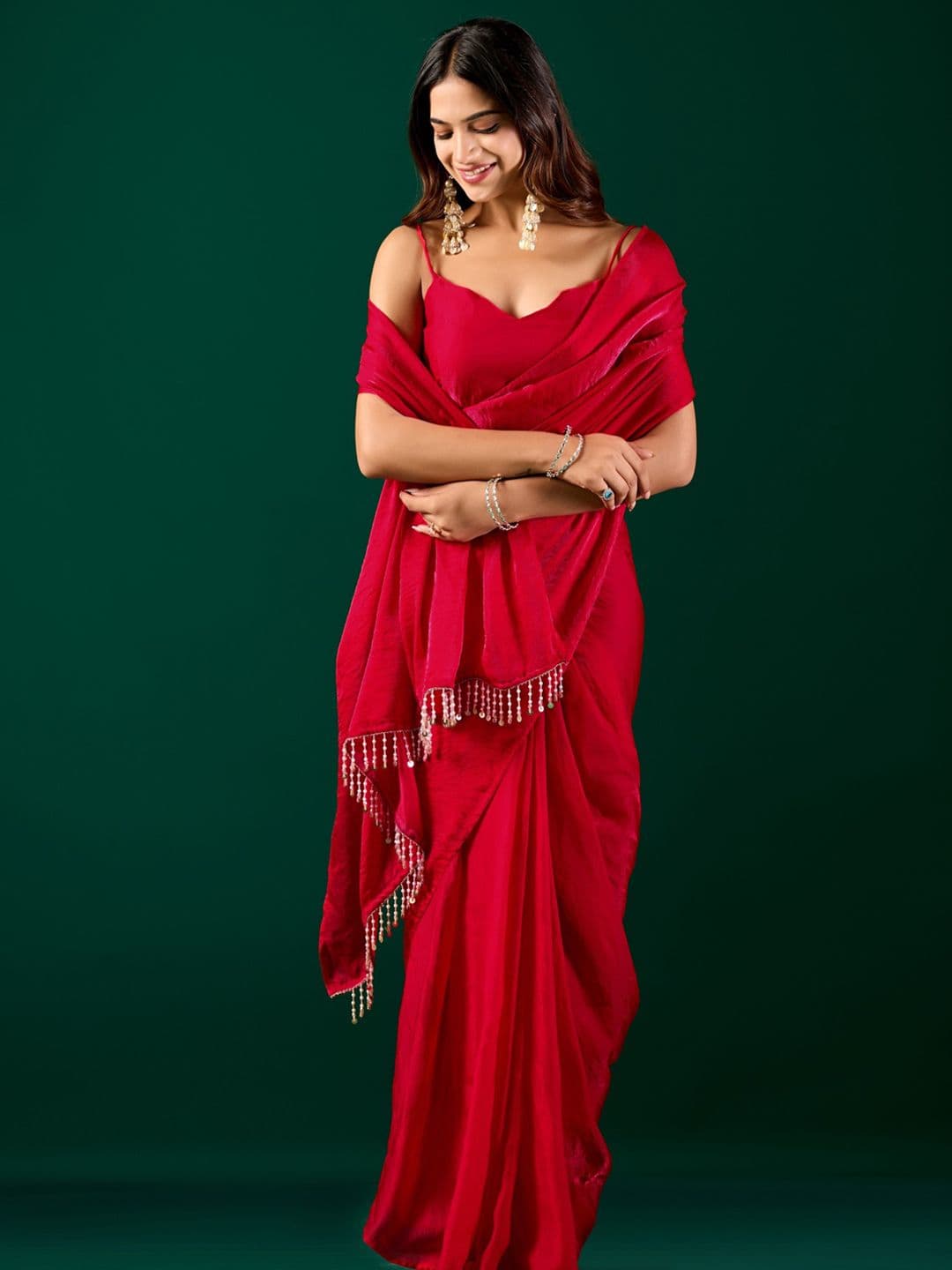 house of kk Embellished Beads and Stones Satin Designer Saree thumbnail 3