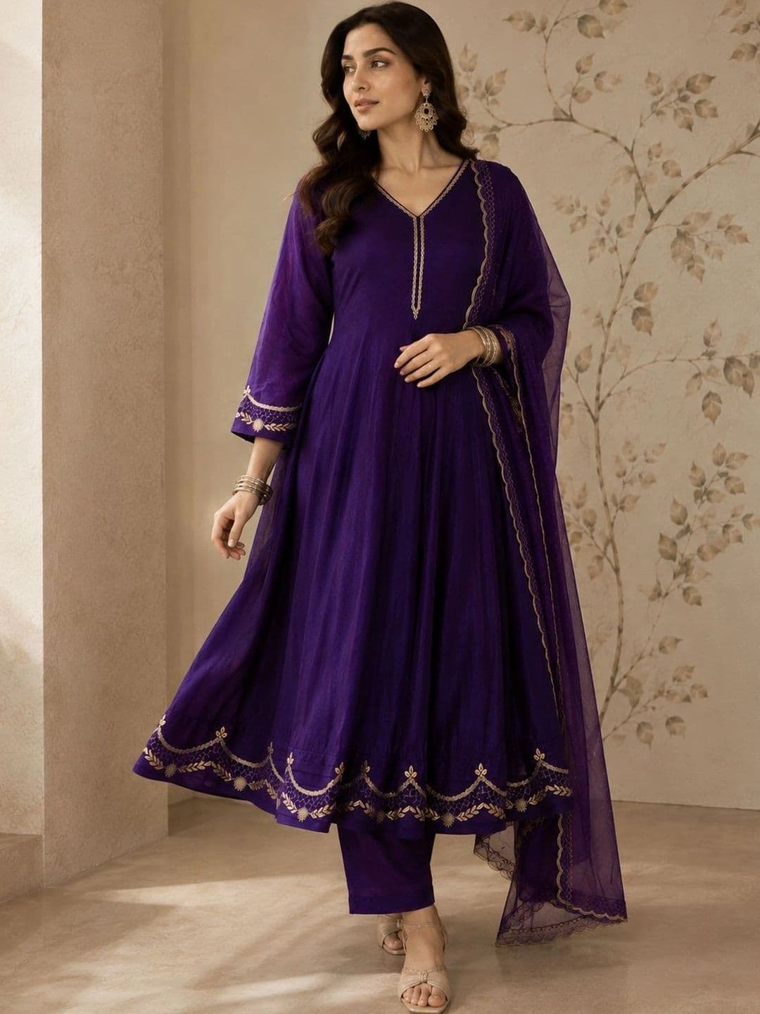 Sangria Women Ethnic Motifs Embroidered Regular Kurta with Trousers & With Dupatta thumbnail 7