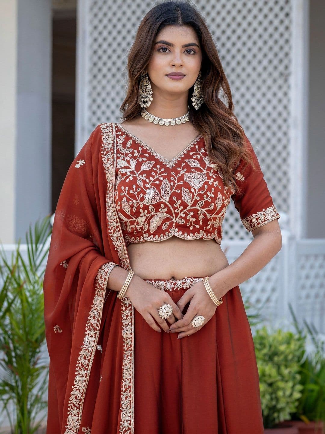 IVARIS Embellished Thread Work Ready to Wear Lehenga & Unstitched Blouse With Dupatta thumbnail 6