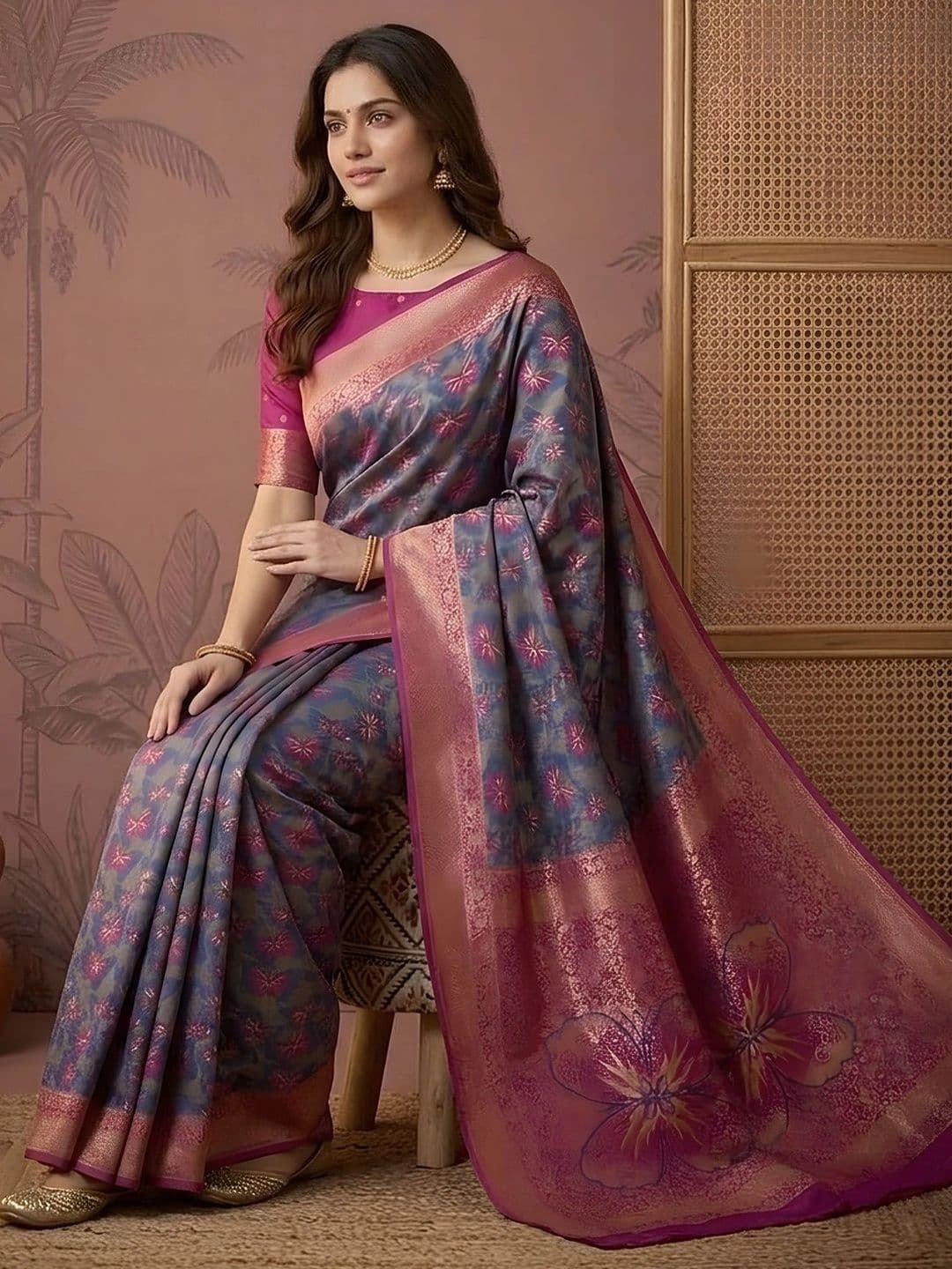 Mitera Floral Zari Silk Blend Saree thumbnail 3