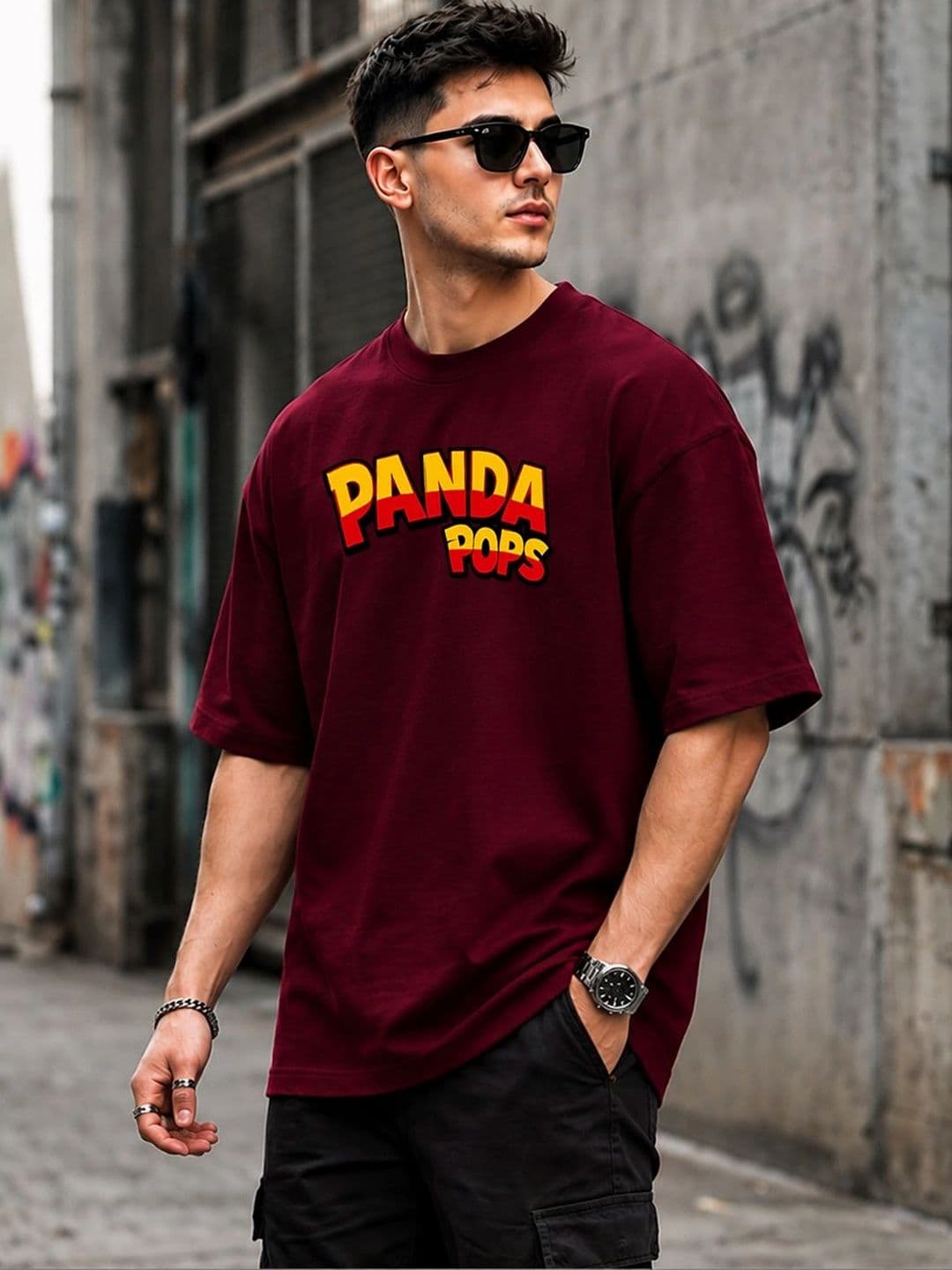 PANDA POPS Men Printed Drop-Shoulder Sleeves T-shirt thumbnail 4