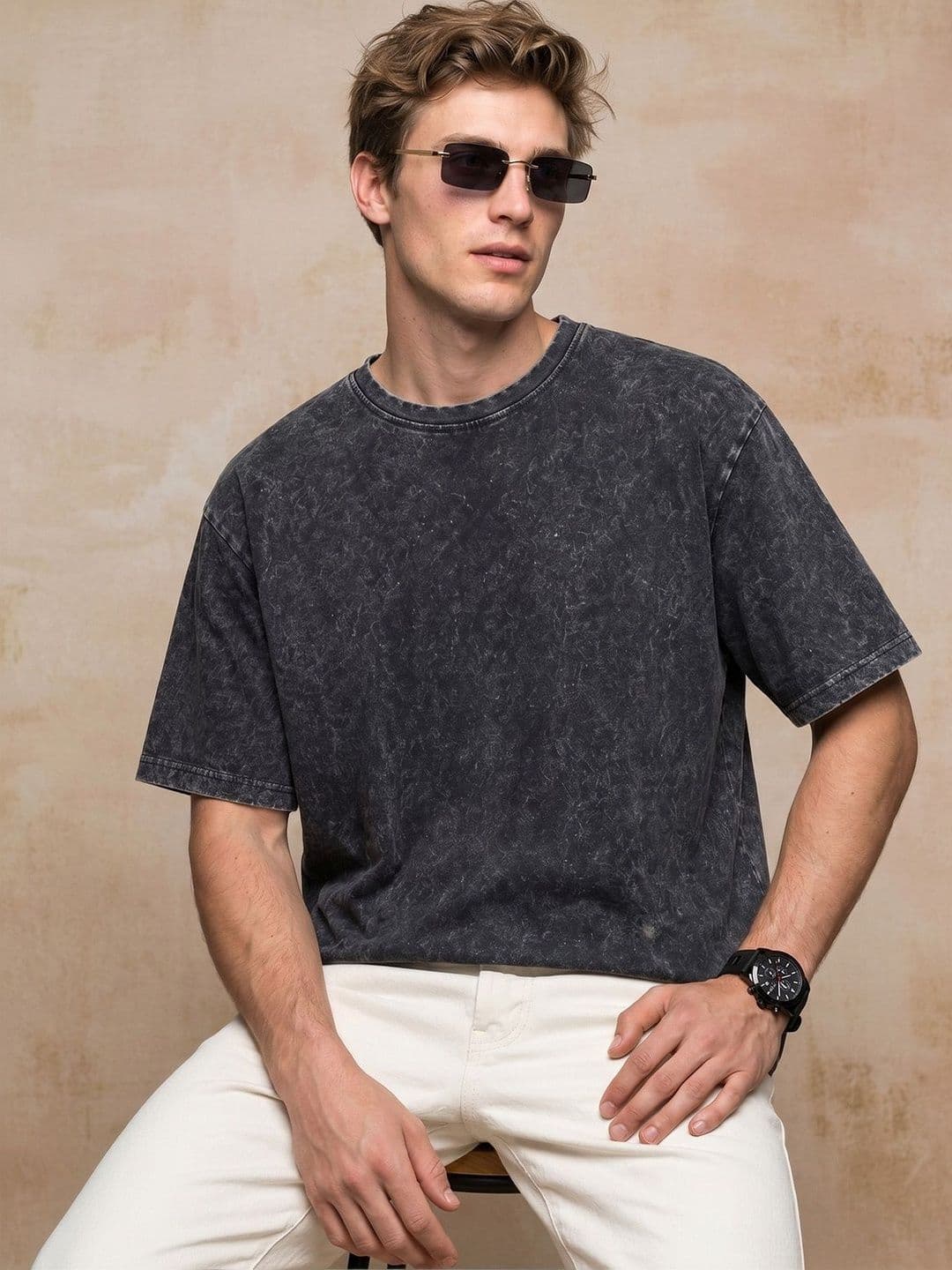 VEIRDO Men Black Acid Wash Printed Drop-Shoulder Sleeves Pure Cotton Oversize T-shirt thumbnail 5