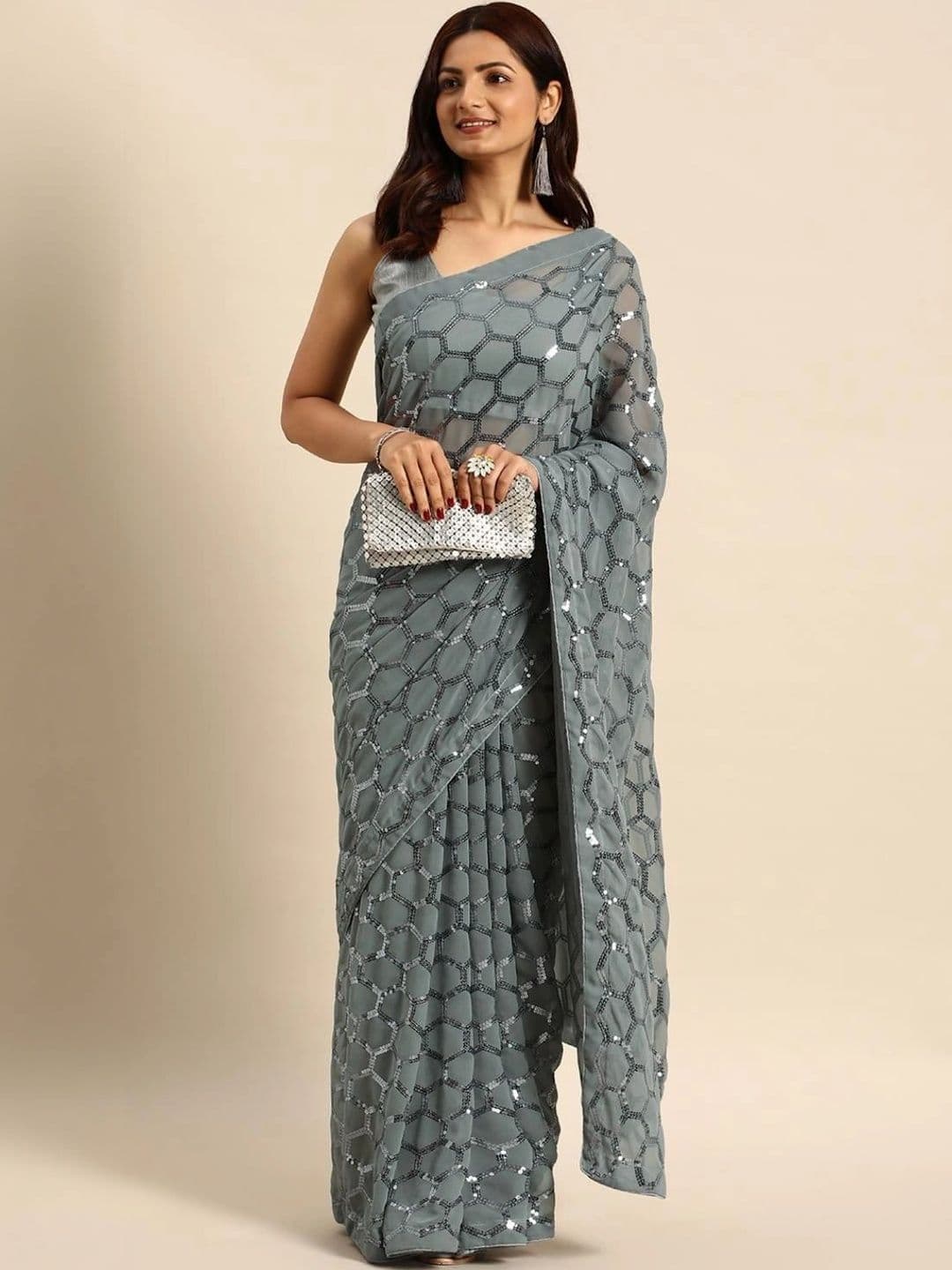 FashionsEye Embellished Sequinned Poly Georgette Designer Saree - view 1