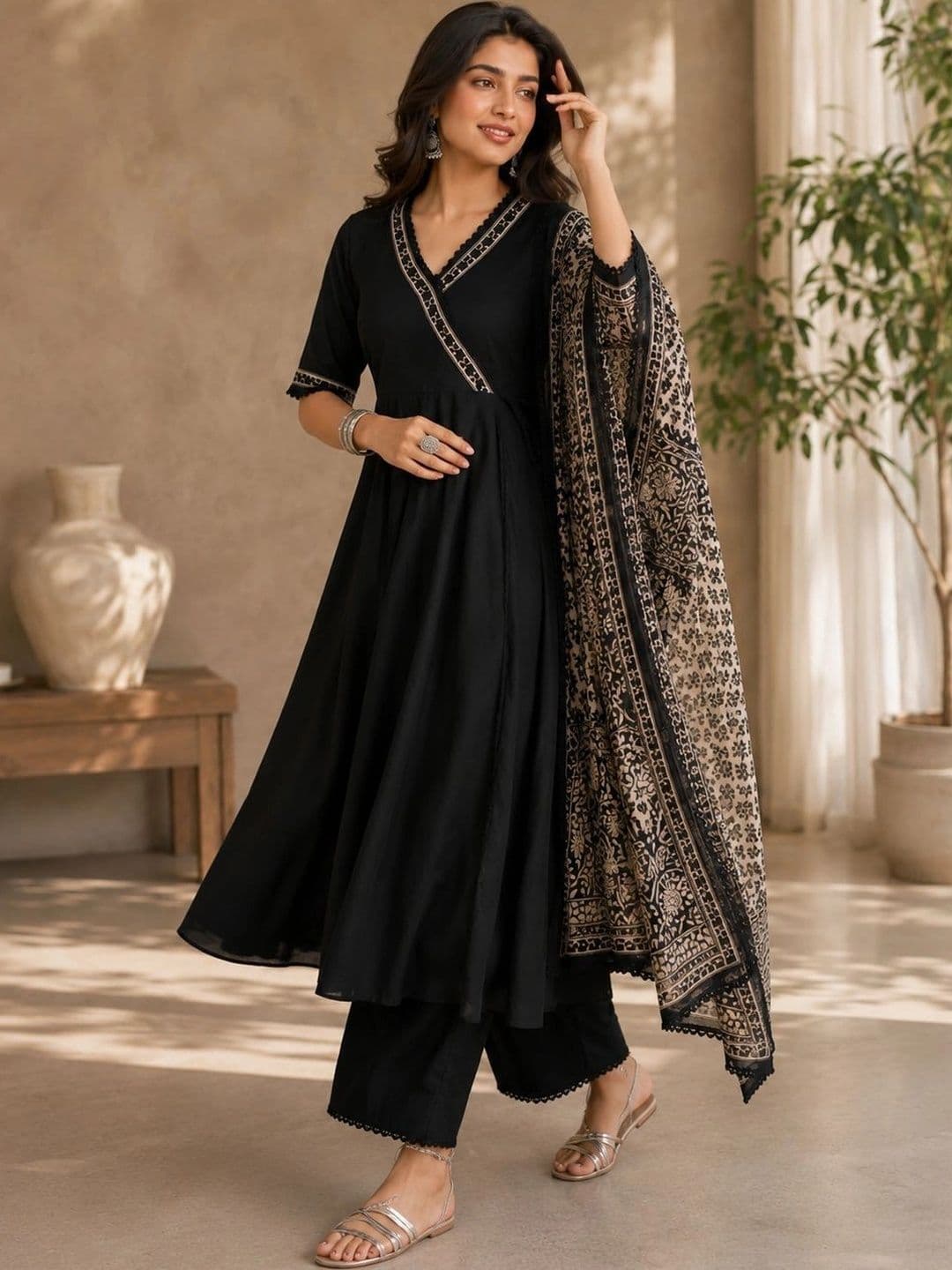 Sangria Women Ethnic Motifs Angrakha Chikankari Kurta with Palazzos & With Dupatta thumbnail 2