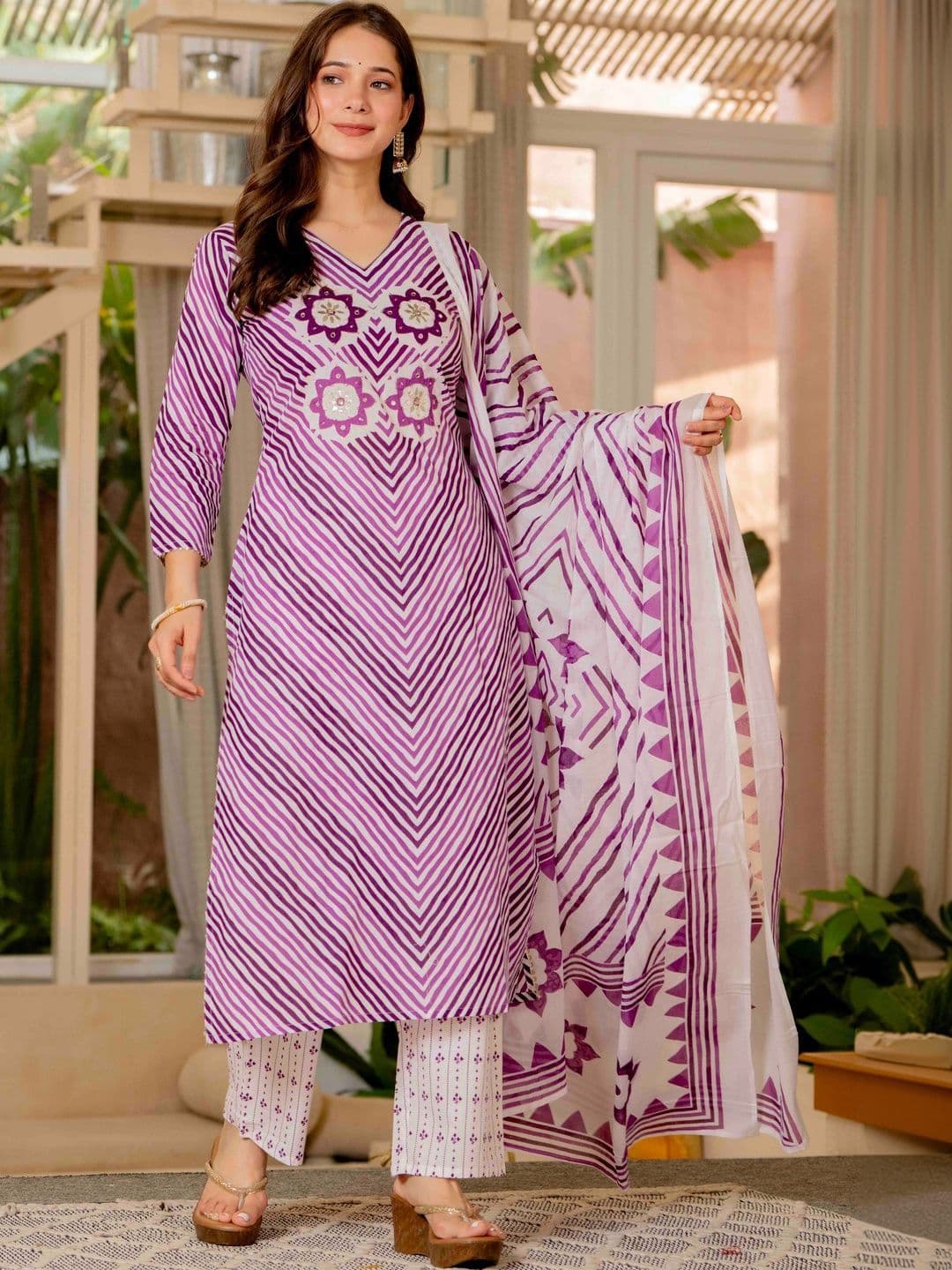 JAIPUR SARAI Women Ethnic Motifs Striped Regular Sequinned Pure Cotton Kurta with Trousers & With Dupatta thumbnail 5