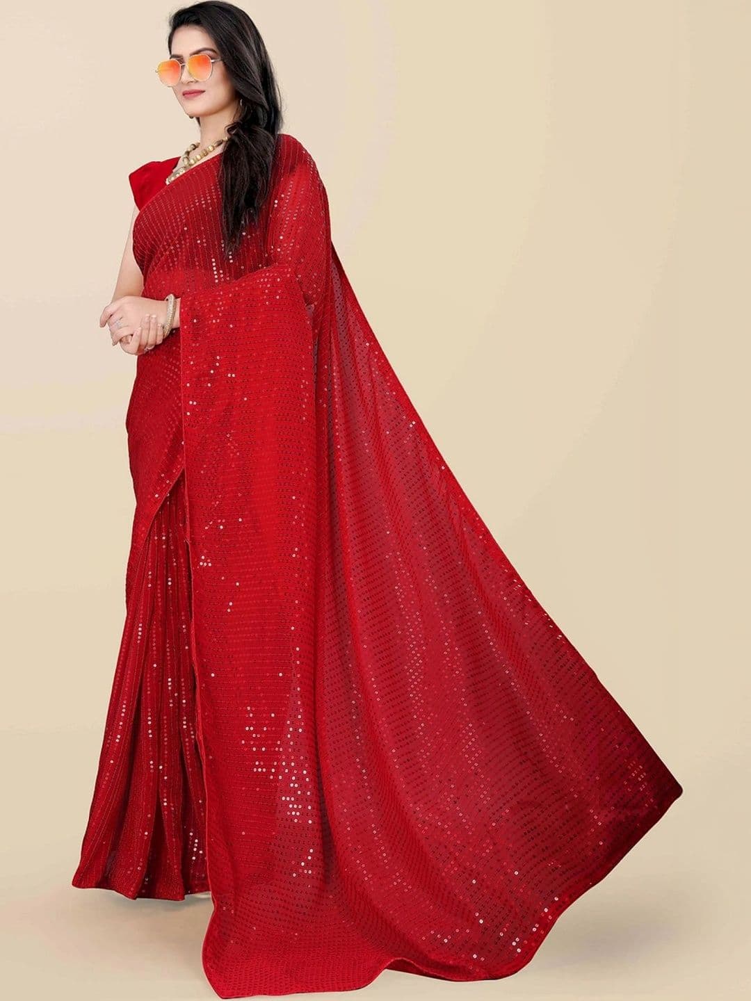 FashionsEye Embellished Sequinned Poly Georgette Designer Saree thumbnail 5