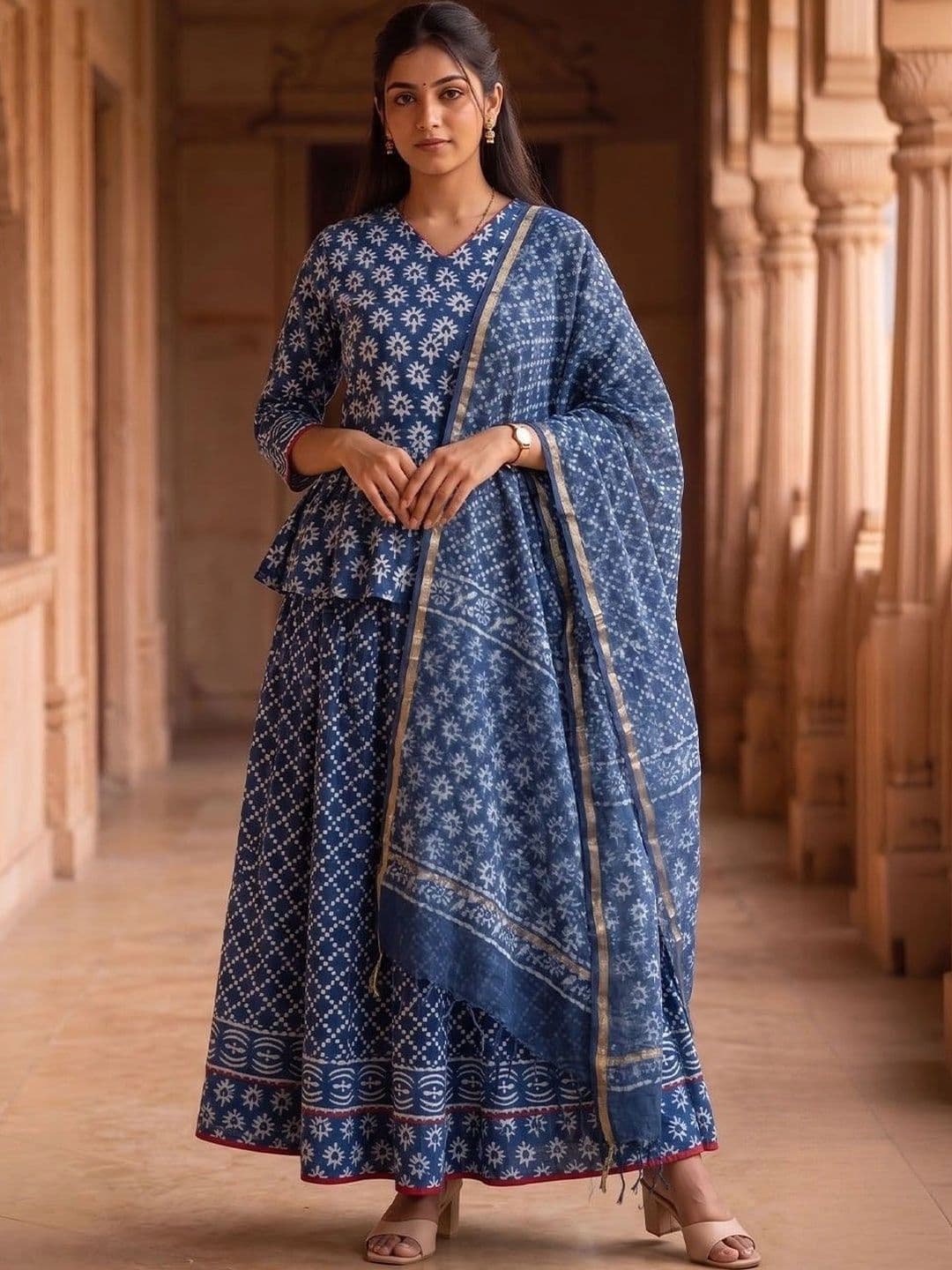 Avishya Printed Block Print Ready to Wear Lehenga & Blouse With Dupatta - view 1