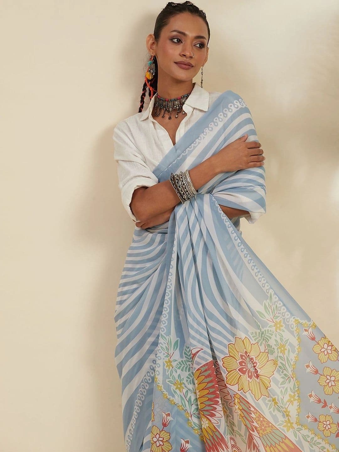 Garden Vareli Striped Poly Georgette Fusion Saree thumbnail 5