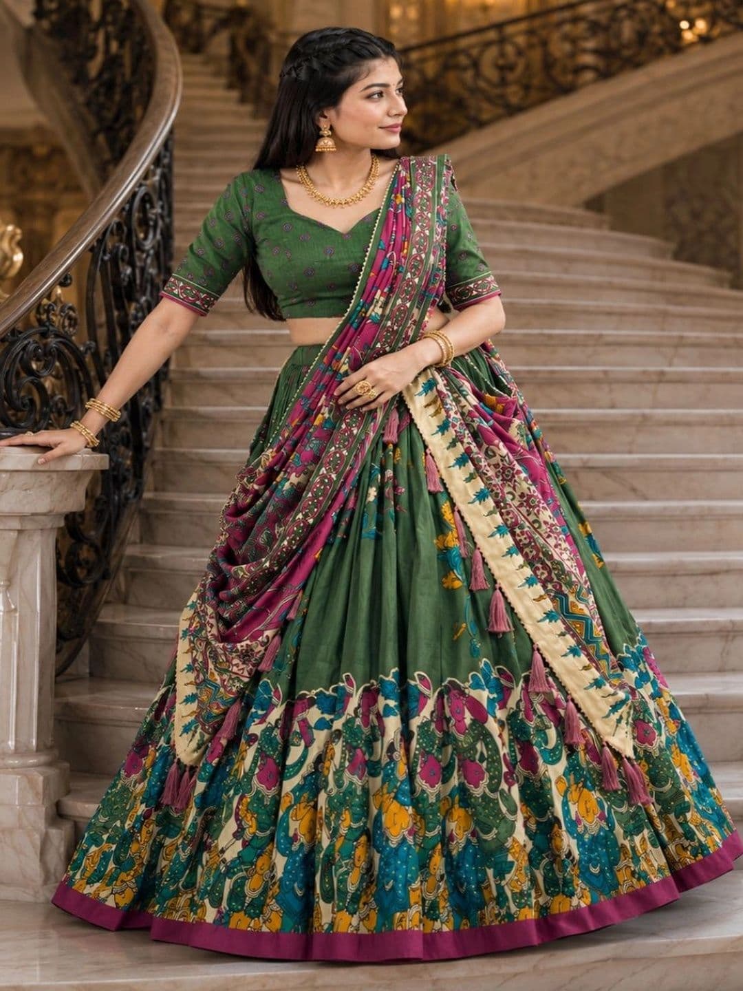 House of Pataudi Printed Kalamkari Semi-Stitched Lehenga & Unstitched Blouse With Dupatta thumbnail 4