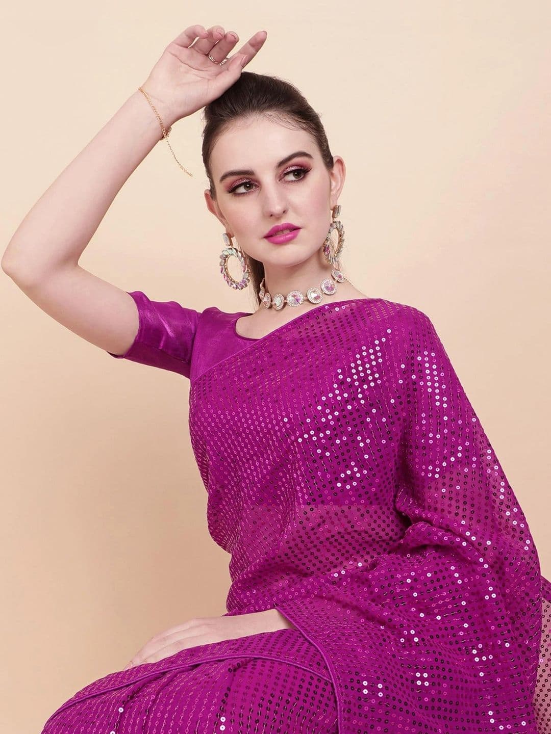 SZN Embellished Sequinned Pure Georgette Designer Saree thumbnail 4