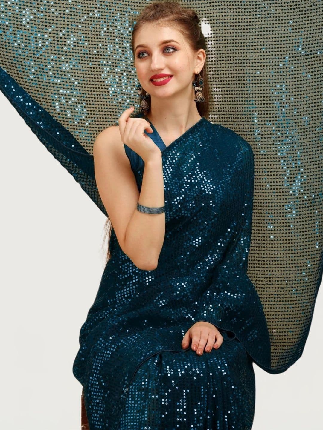 SZN Embellished Sequinned Pure Georgette Designer Saree thumbnail 5