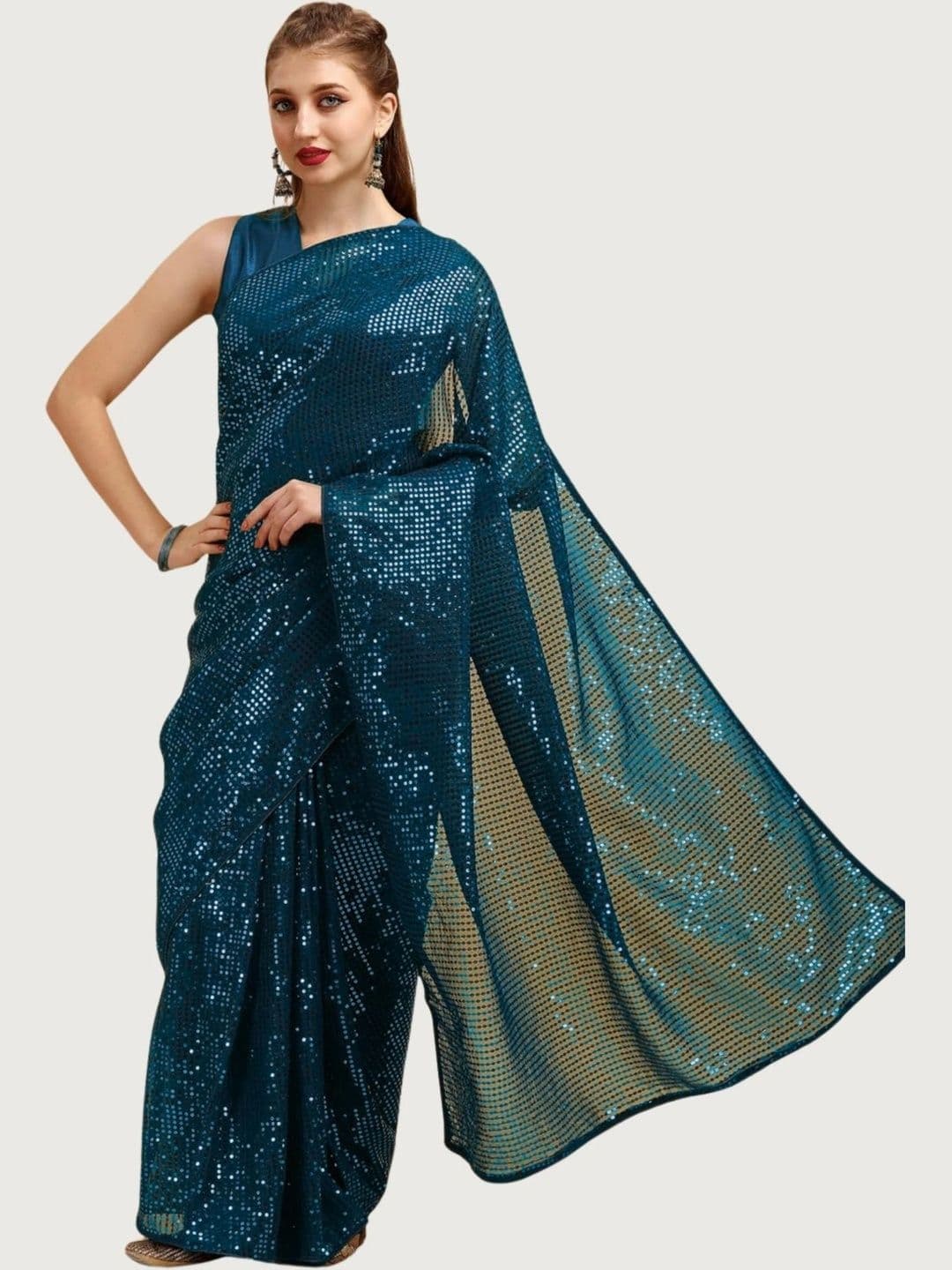 SZN Embellished Sequinned Pure Georgette Designer Saree thumbnail 2