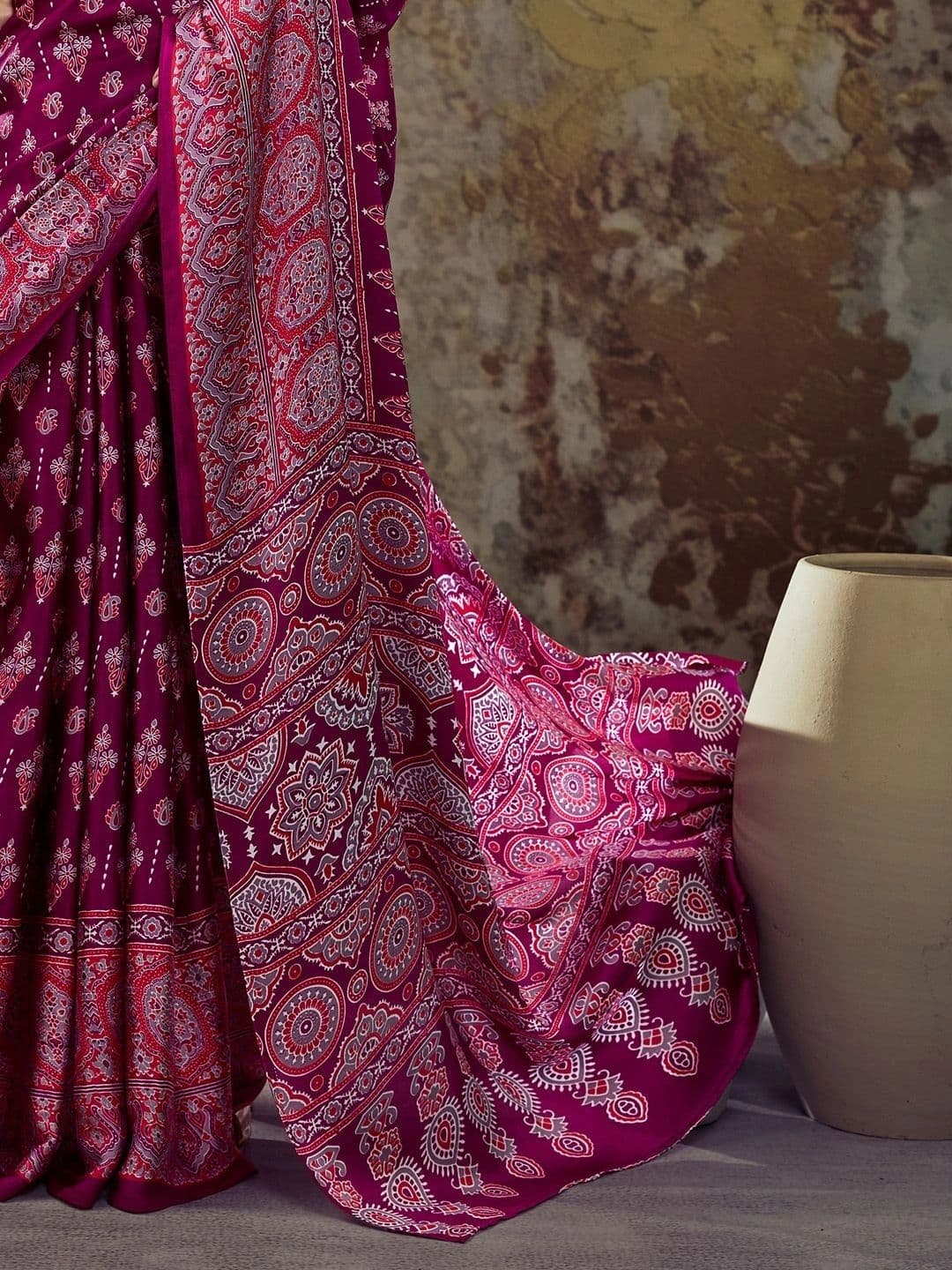 Sangria Ajrak Block Satin Designer Block Print Saree thumbnail 5