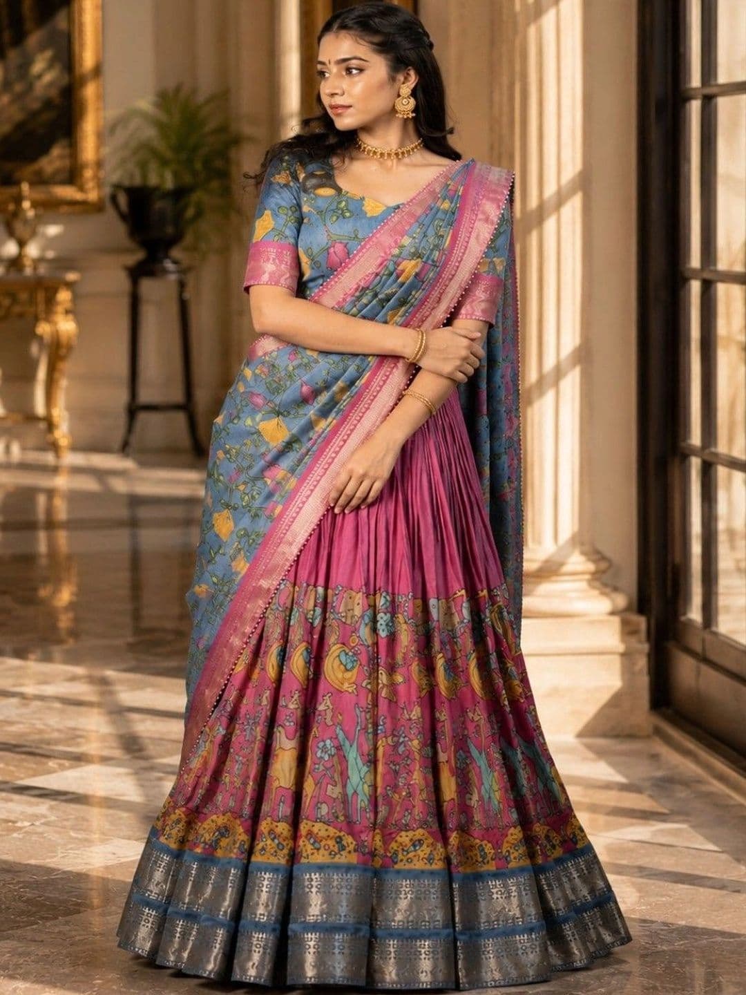 House of Pataudi Printed Kalamkari Semi-Stitched Lehenga & Unstitched Blouse With Dupatta thumbnail 4