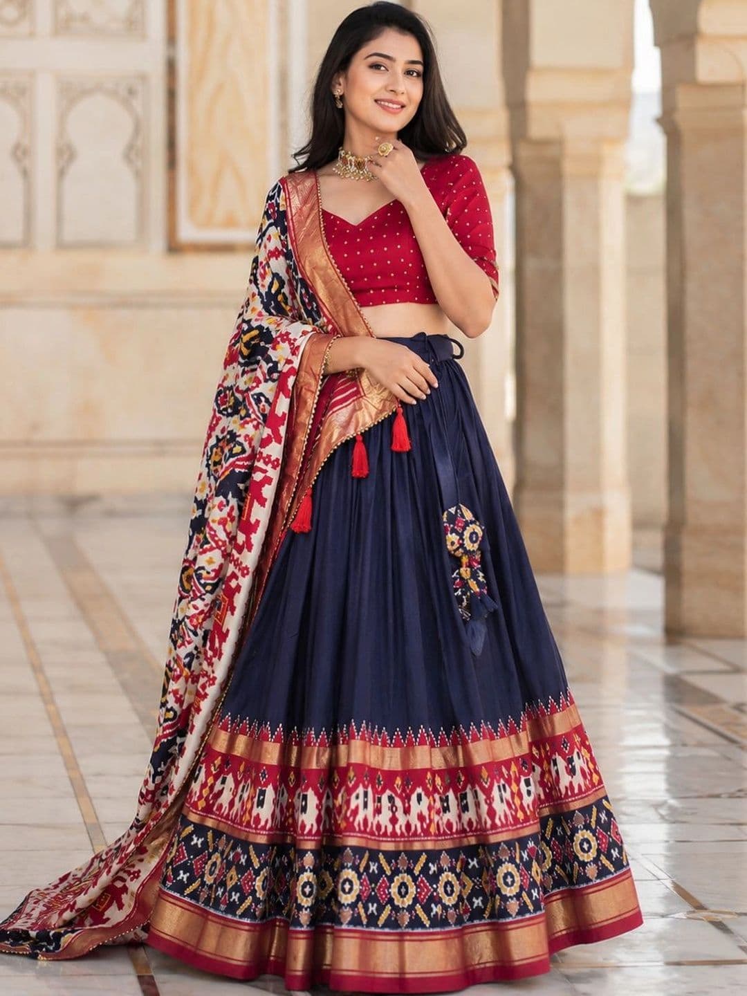 House of Pataudi Embellished Ikat Semi-Stitched Lehenga & Unstitched Blouse With Dupatta thumbnail 2