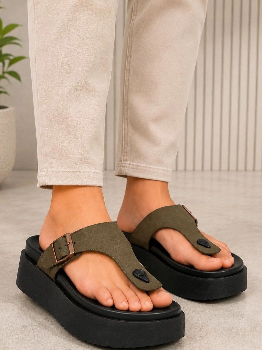 San Frissco Men Suede Olive Buckle Toe-Loop Sandals with Cushioned Footbed Slip-On - view 1