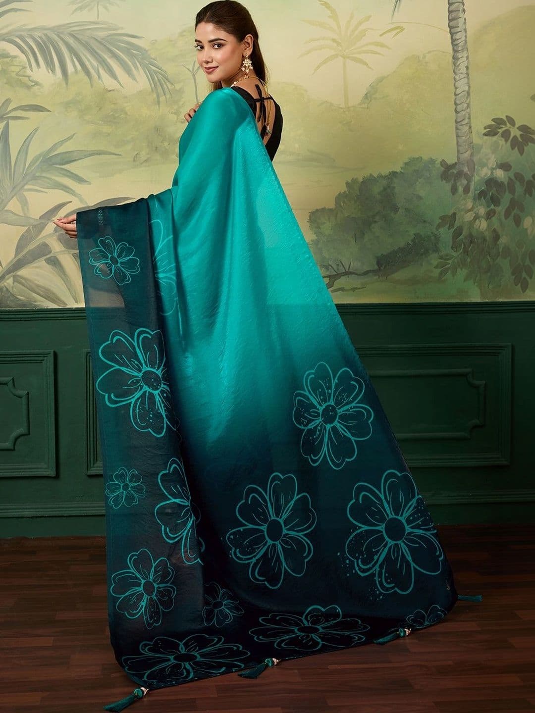 Panzora Floral Satin Designer Saree thumbnail 5