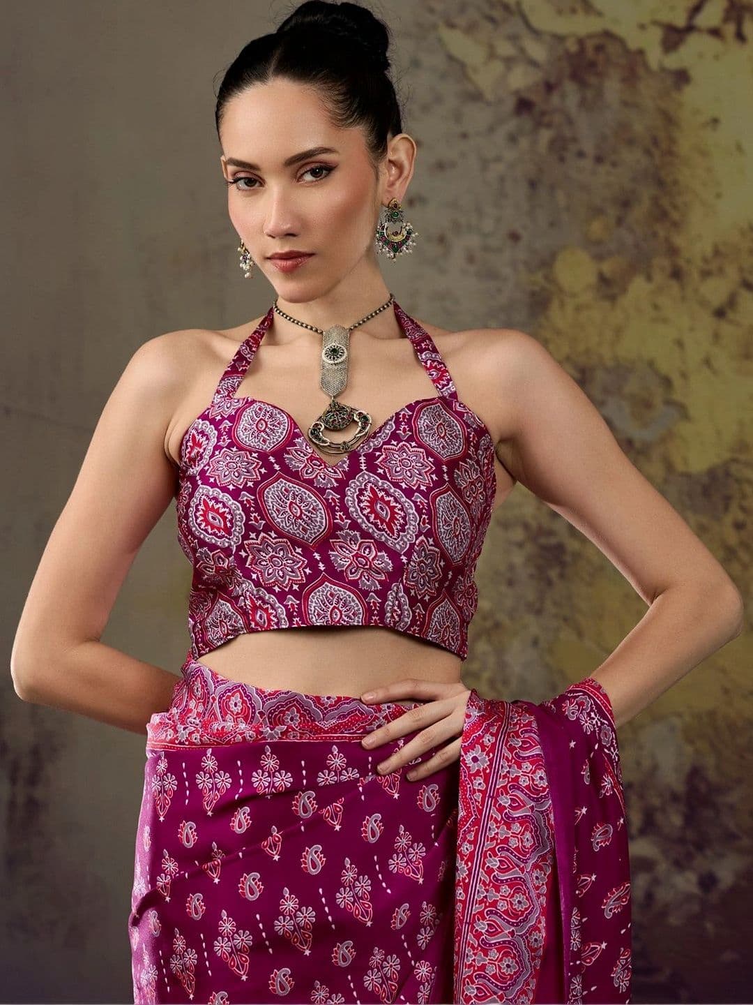 Sangria Ajrak Block Satin Designer Block Print Saree thumbnail 4