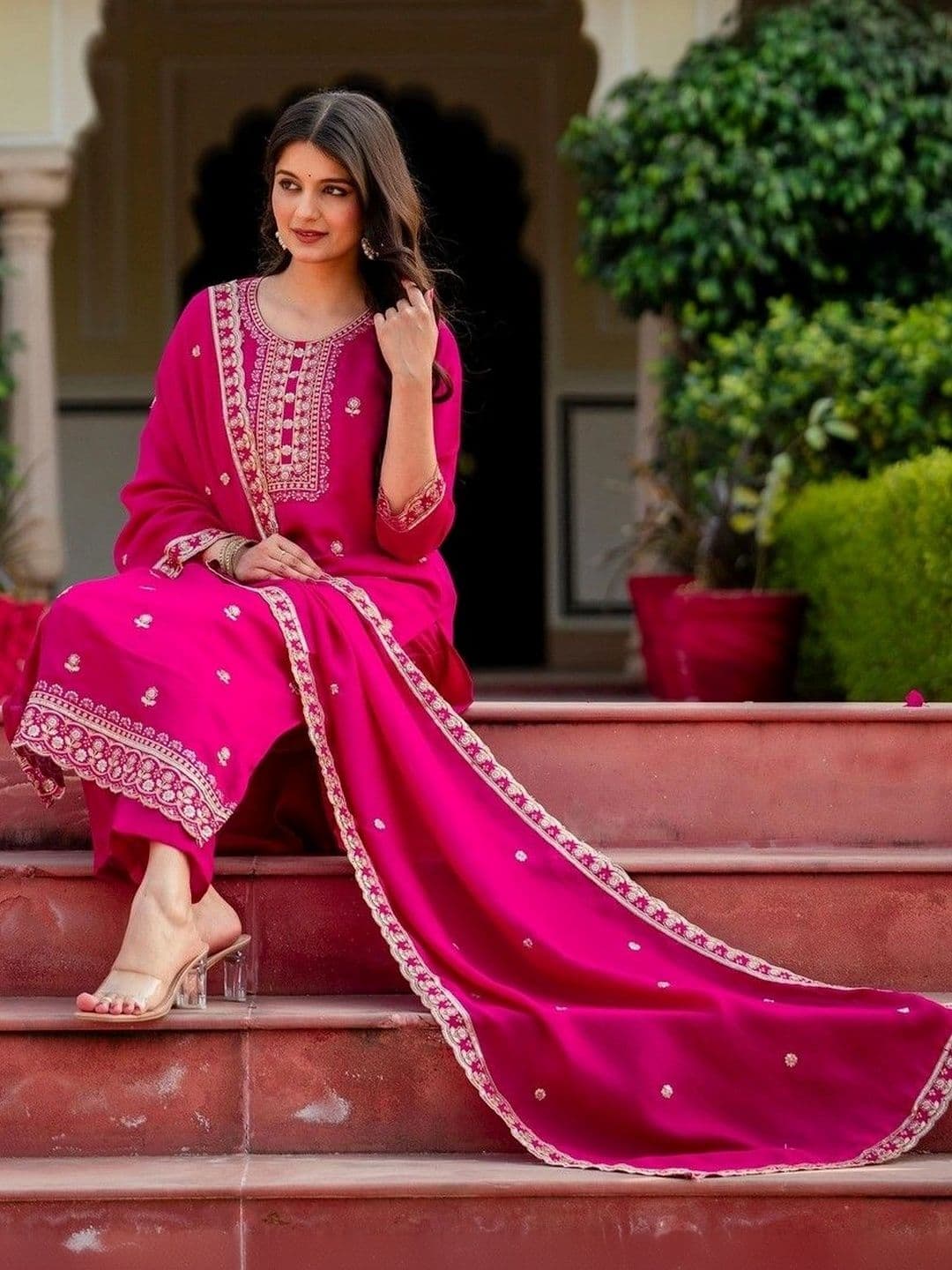all about you Women Ethnic Motifs Embroidered Regular Kurta with Trousers & With Dupatta thumbnail 2