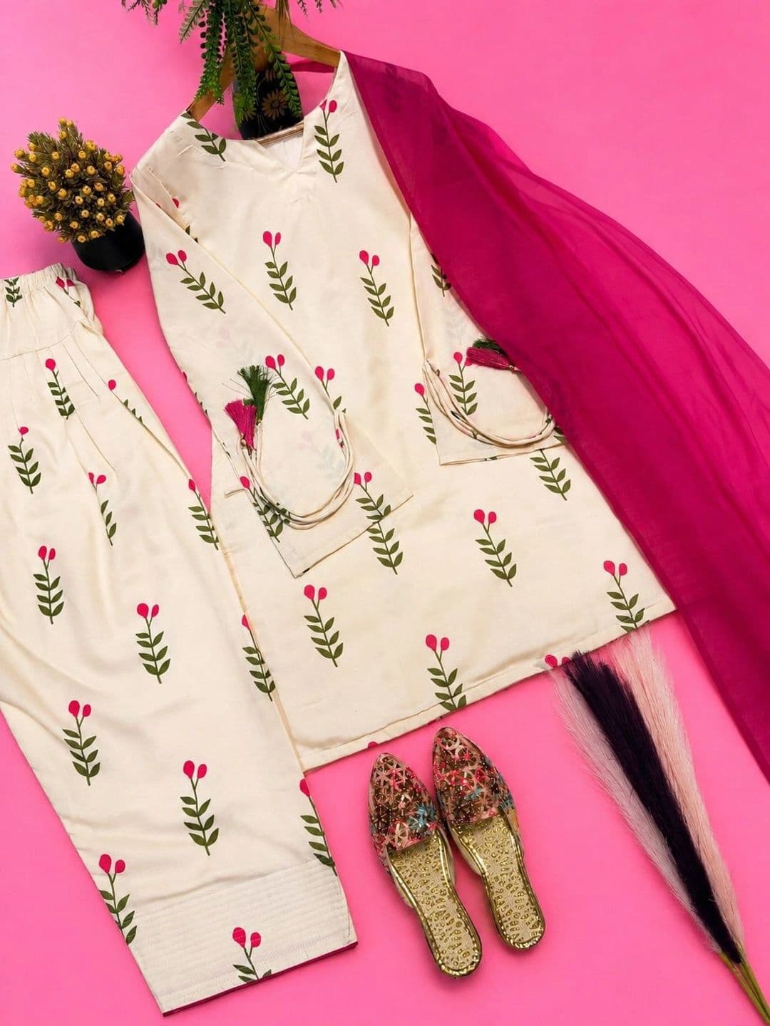 Dress21 Women Floral Printed Regular Pure Cotton Kurta with Trousers & With Dupatta thumbnail 6