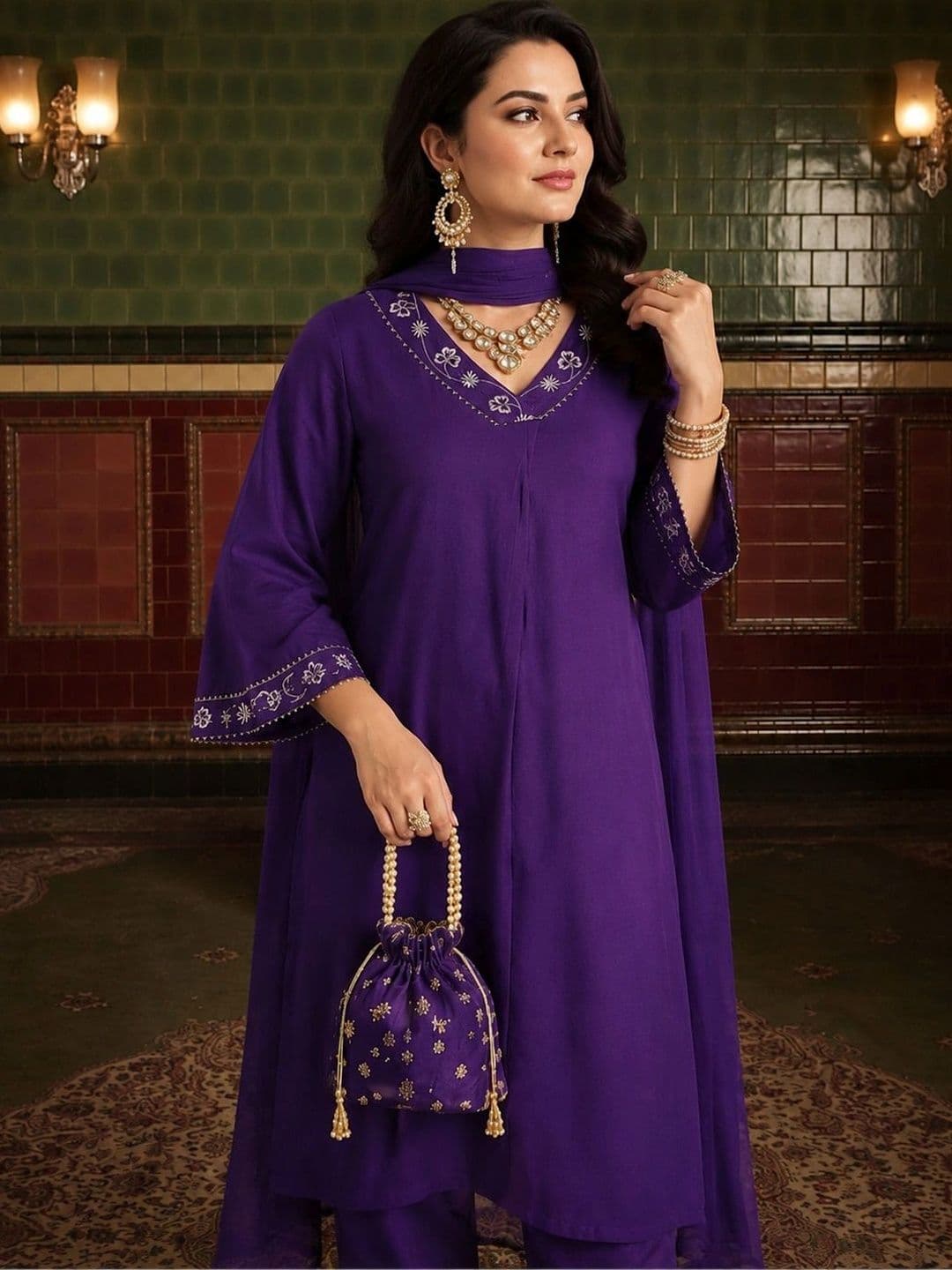 House of Pataudi Women Ethnic Motifs Embroidered Regular Thread Work Kurta with Trousers & With Dupatta thumbnail 3