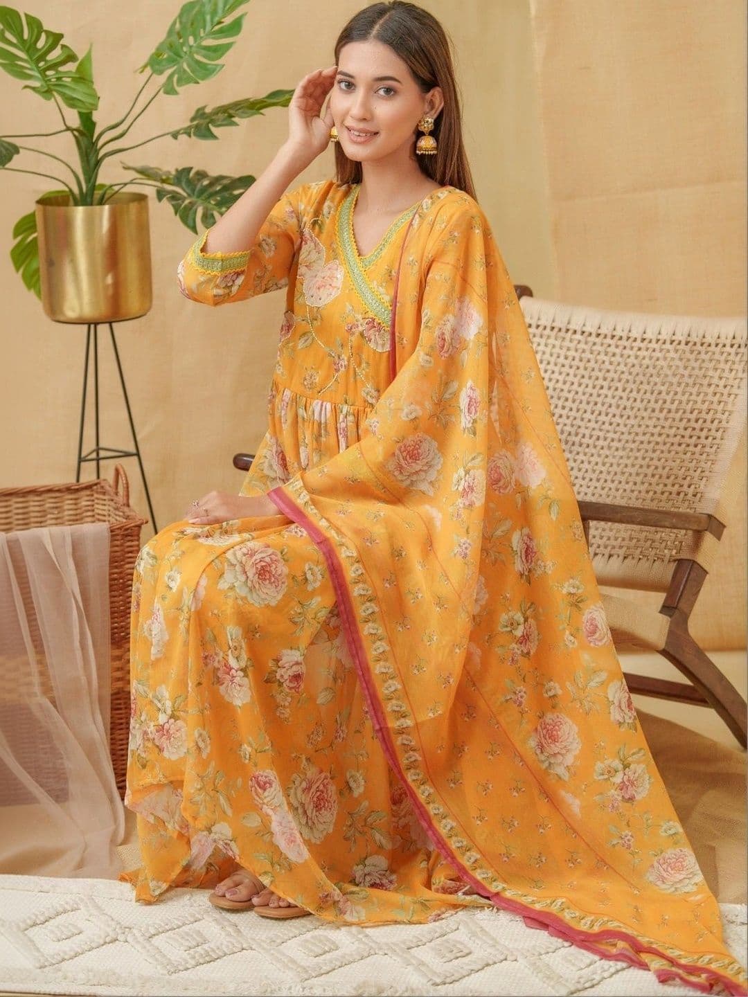 Sangria Women Floral Printed Empire Kurta with Palazzos & With Dupatta thumbnail 2
