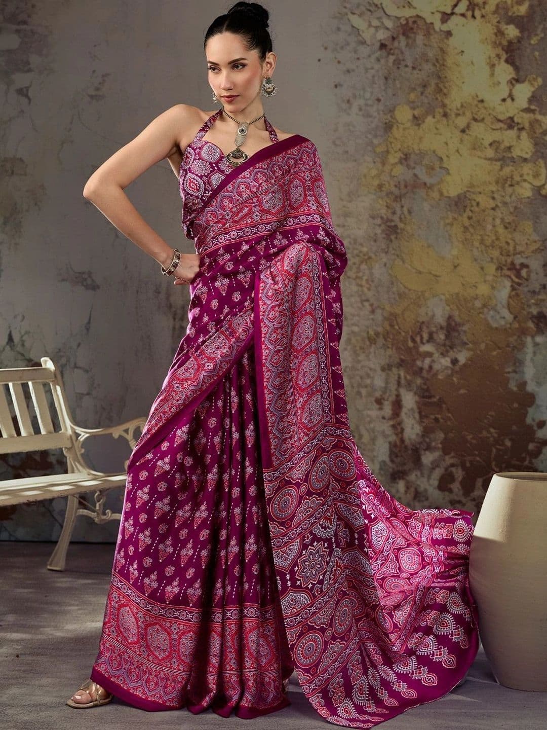 Sangria Ajrak Block Satin Designer Block Print Saree - view 1