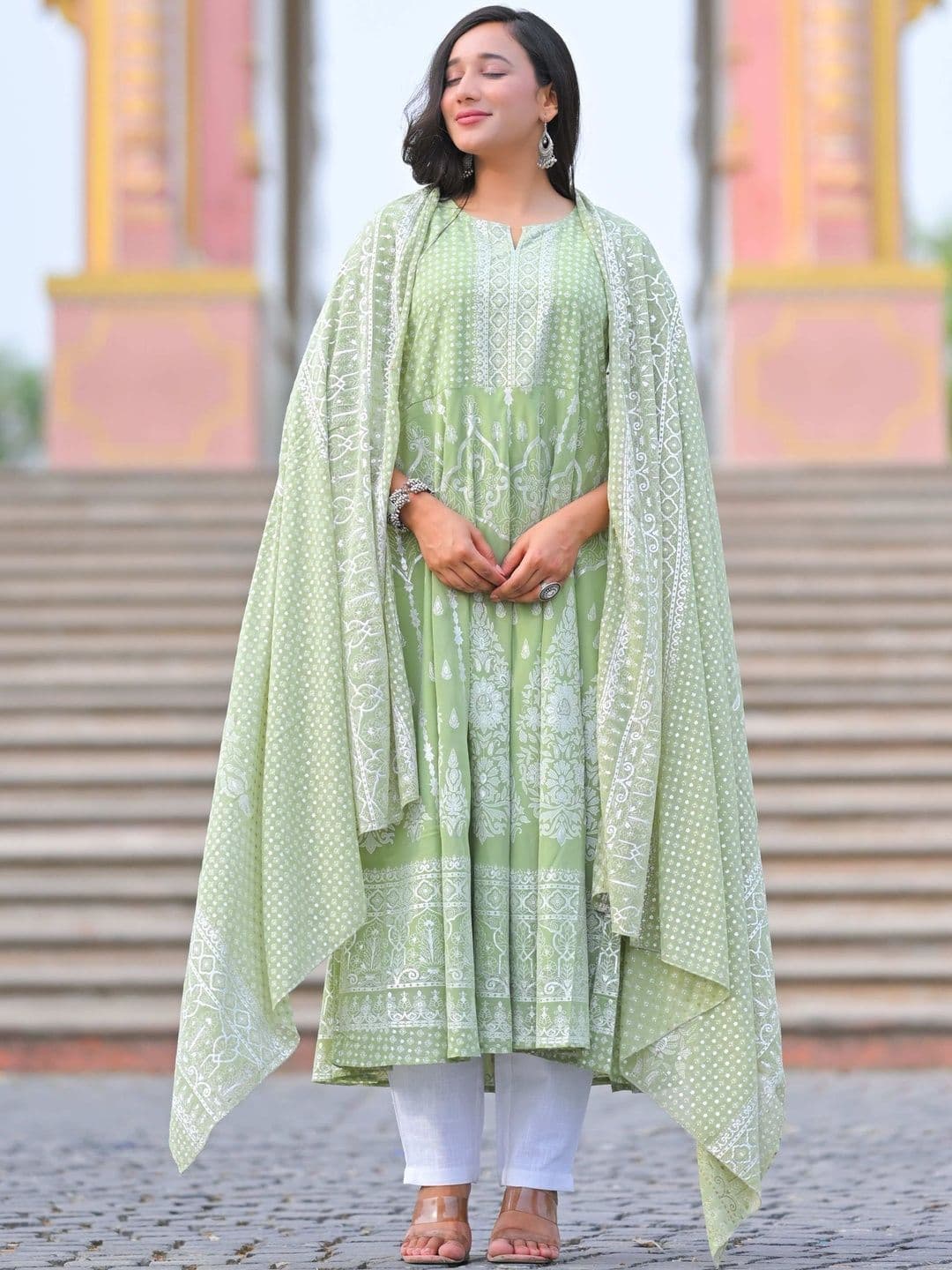 KALINI Women Geometric Printed Georgette Anarkali Kurta With Dupatta thumbnail 4