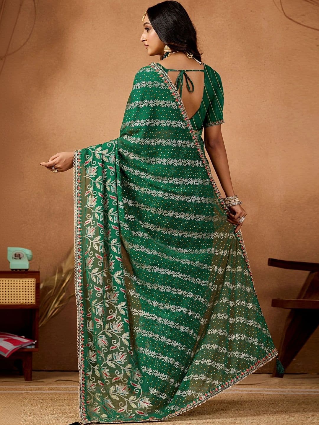 Nayanthara Trends Paisley Embroidered Poly Georgette Designer Bandhani Saree thumbnail 3