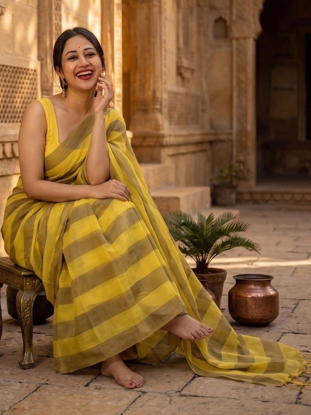 RUTVA FASHION Striped Zari Linen Blend Saree thumbnail 6