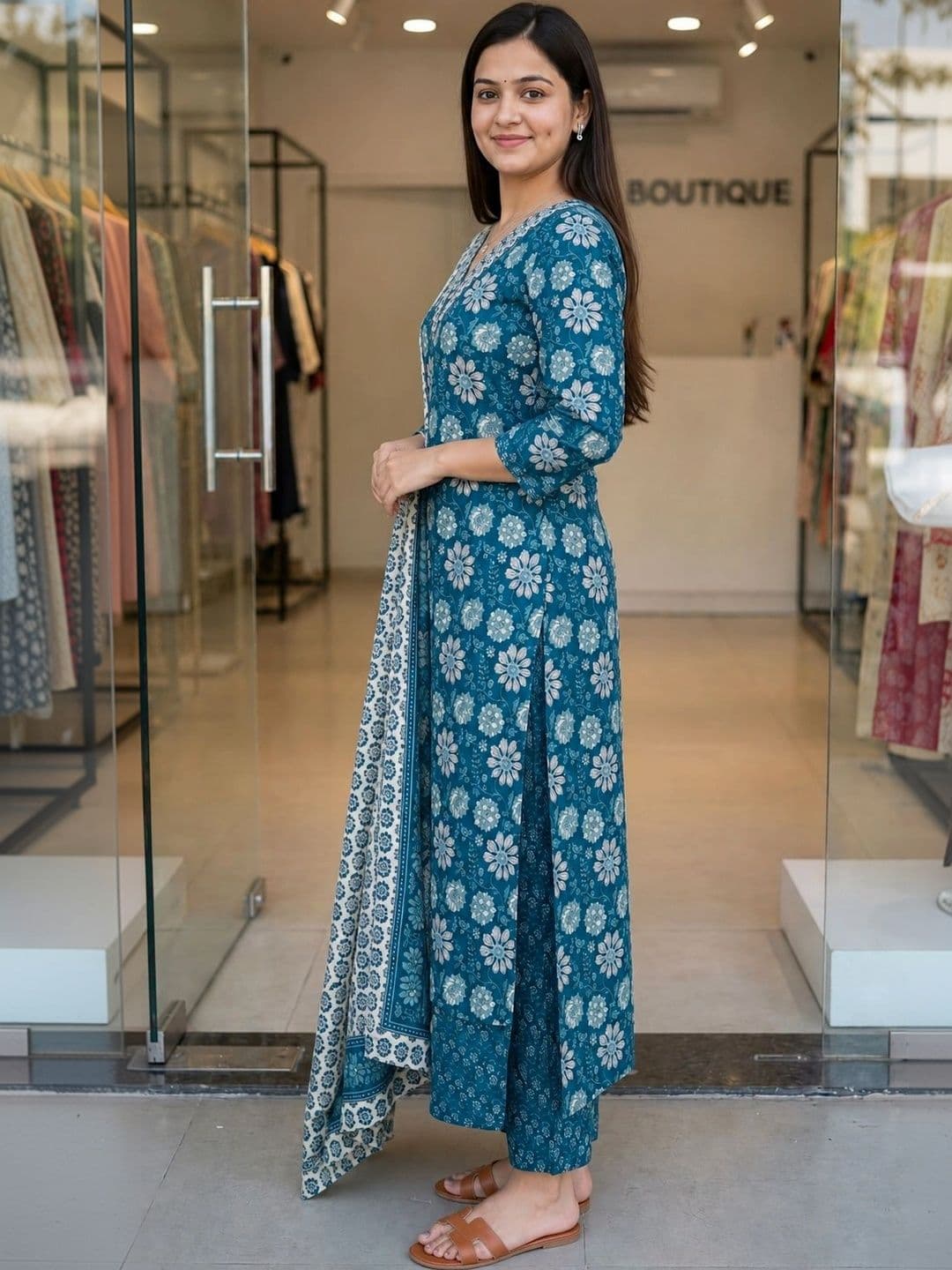 KALINI Women Floral Printed Regular Kurta with Trousers & With Dupatta thumbnail 2