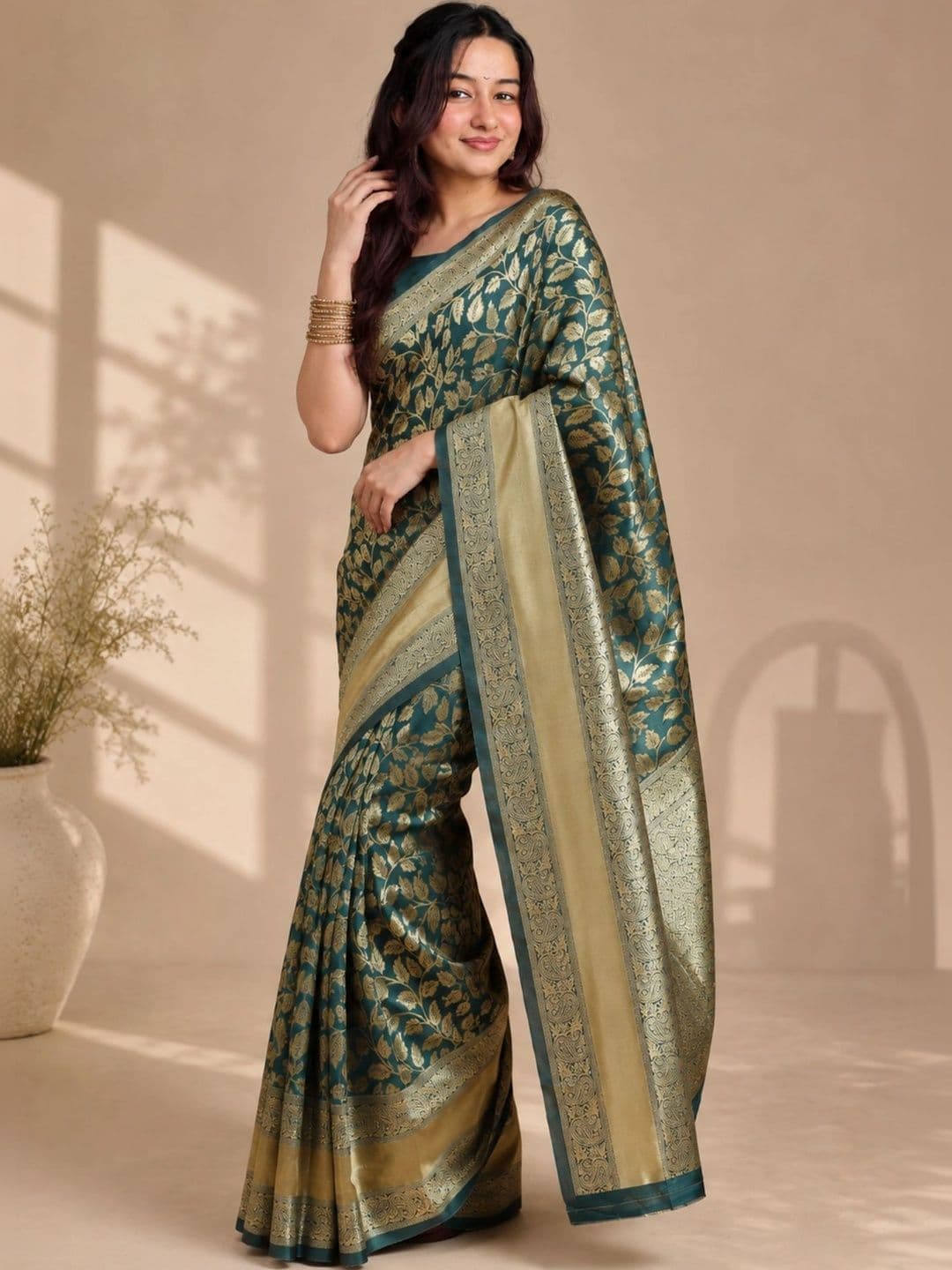 all about you Floral Zari Satin Banarasi Saree thumbnail 4