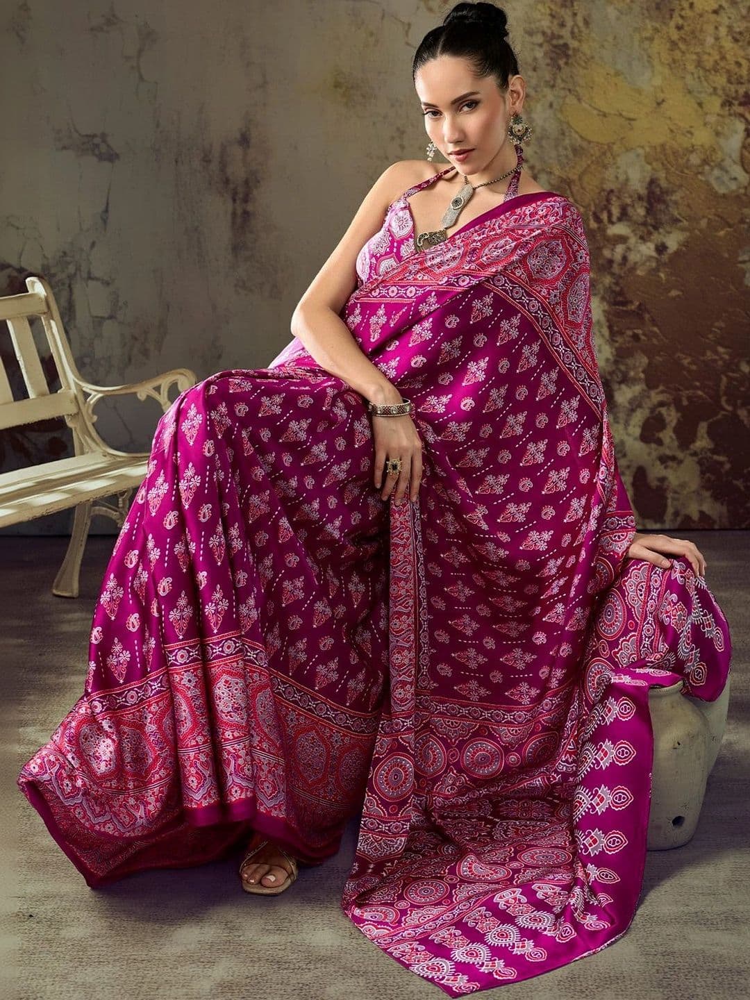 Sangria Ajrak Block Satin Designer Block Print Saree thumbnail 2