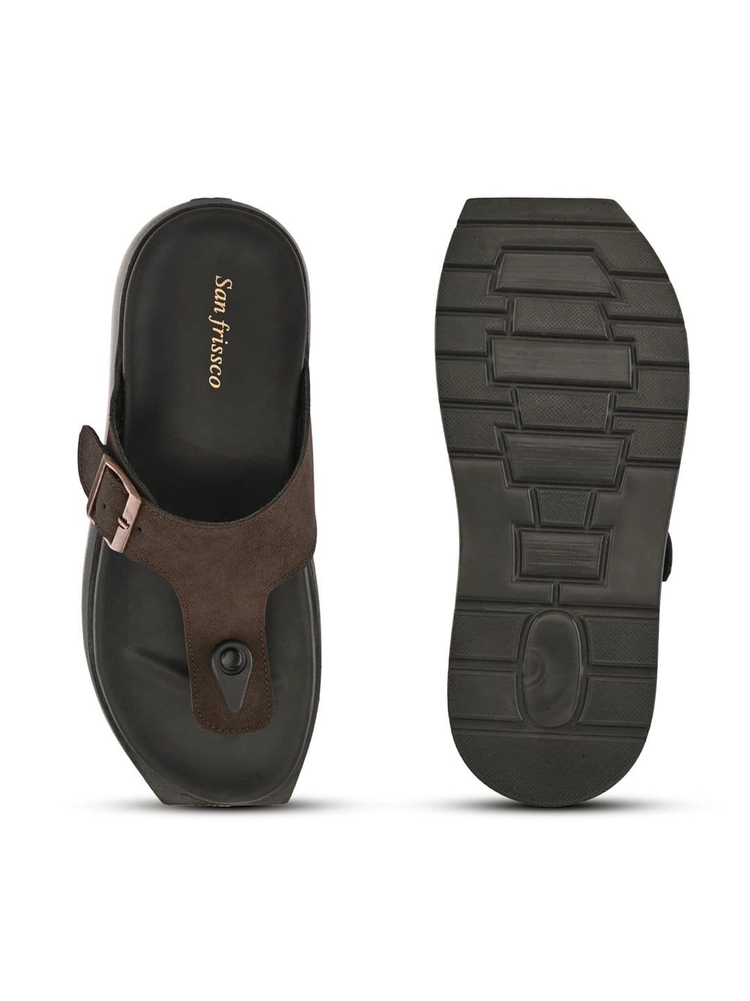 San Frissco Men Suede Brown Buckle Toe-Loop Sandals with Cushioned Footbed Slip-On thumbnail 2